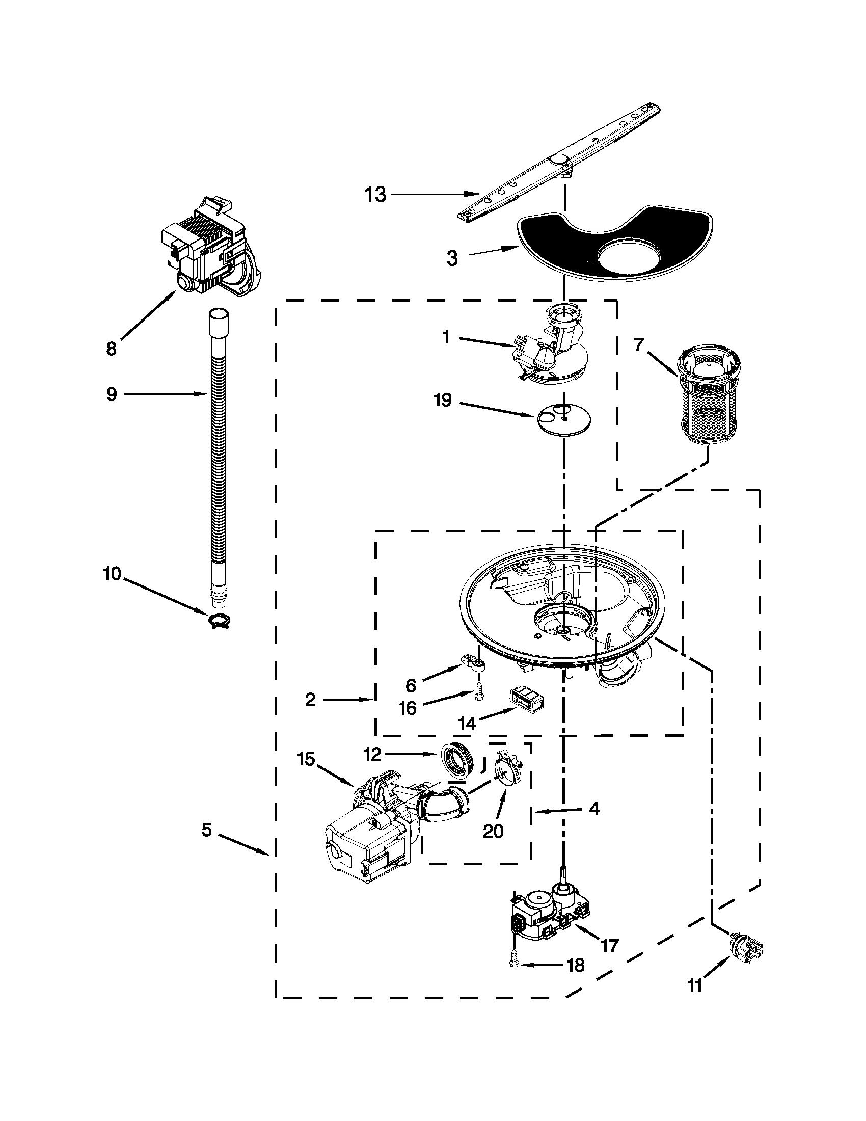 Pump, washarm and motor parts