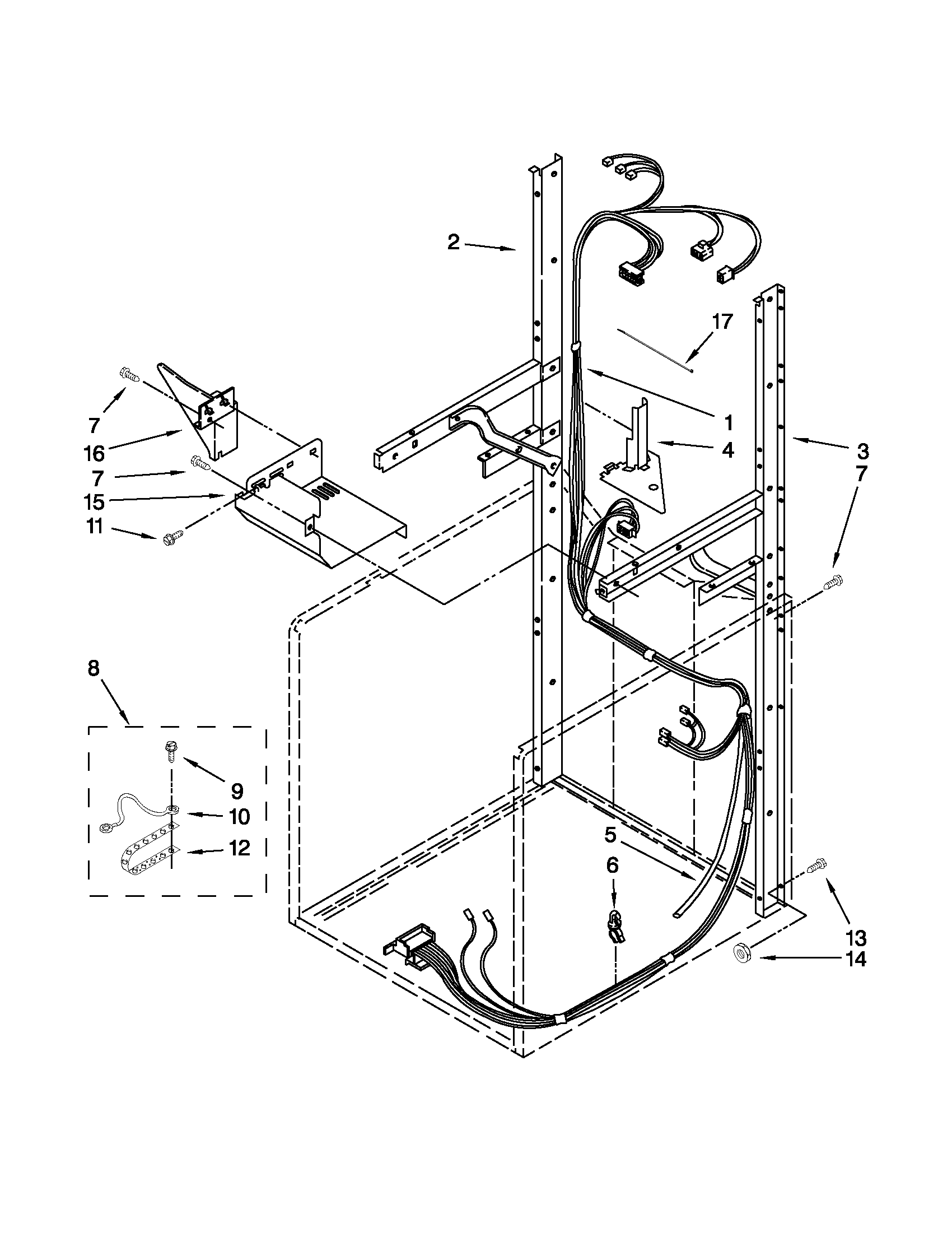 Dryer support and washer harness parts