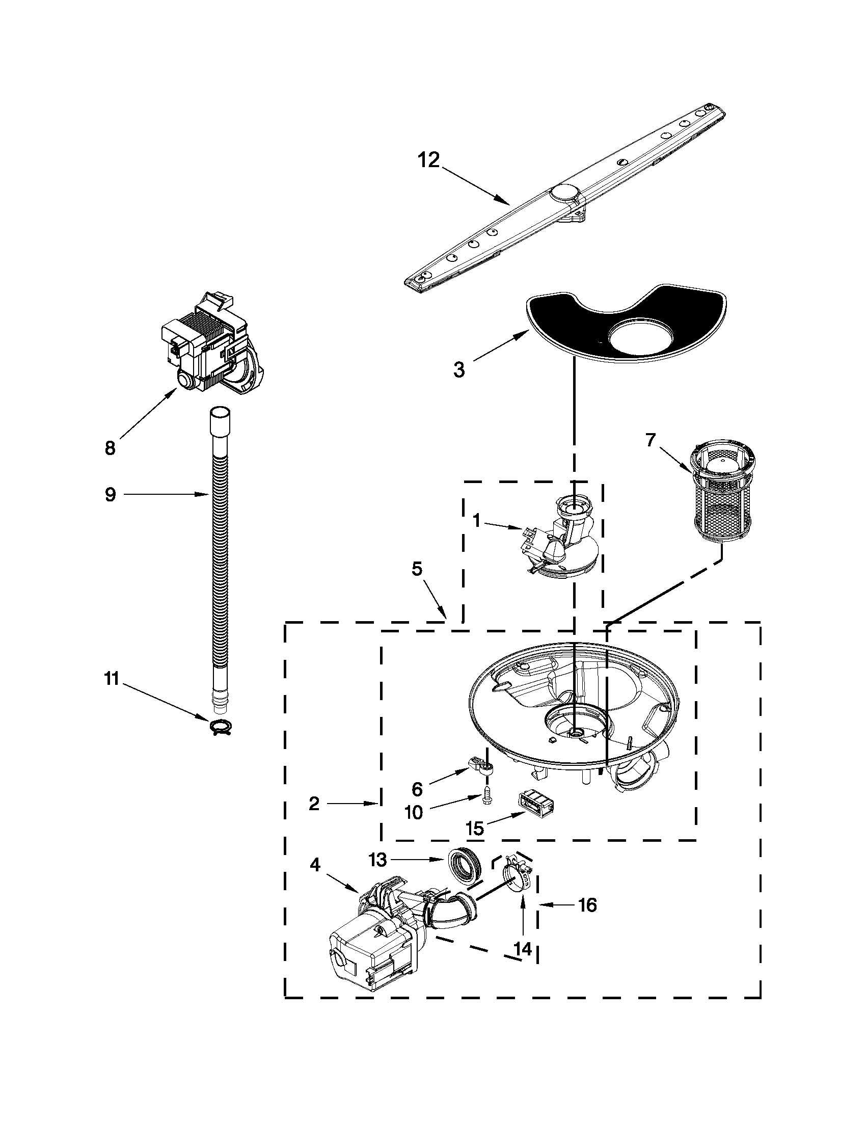 Pump, washarm and motor parts