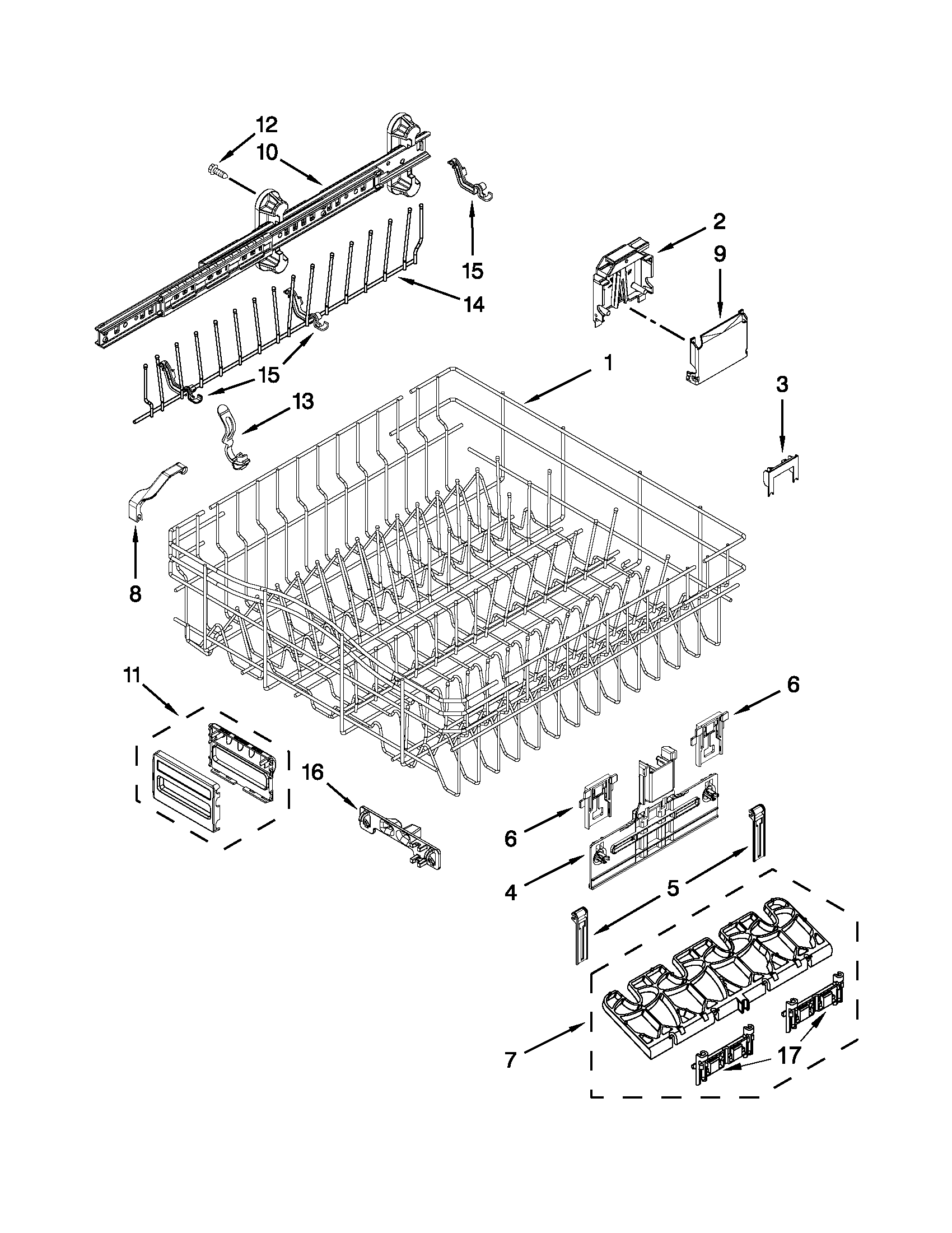 Upper rack and track parts