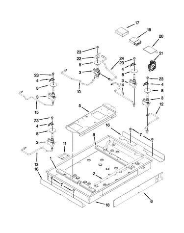Burner box, gas valves and switches parts