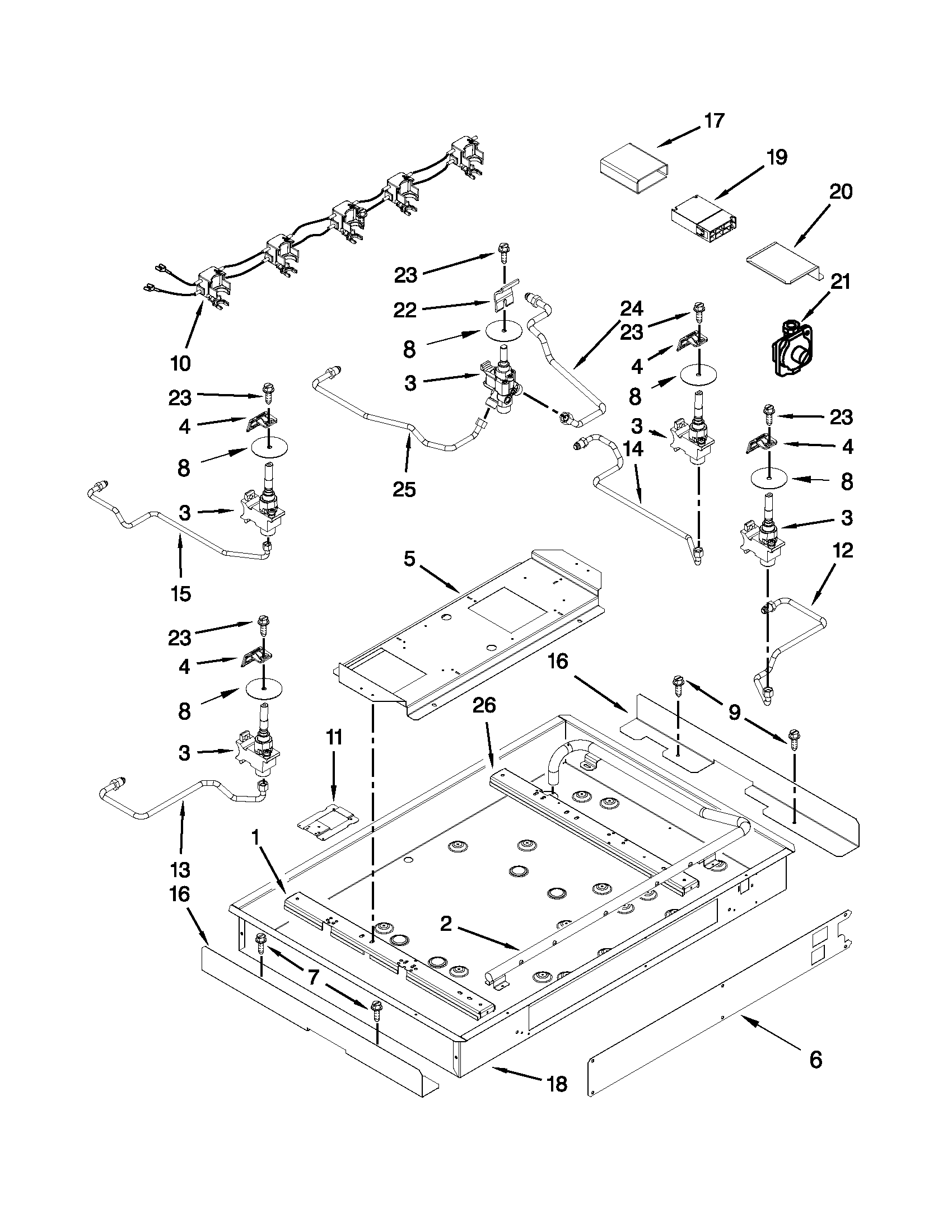Burner box, gas valves and switches parts