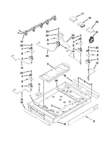 Burner box, gas valves and switches parts