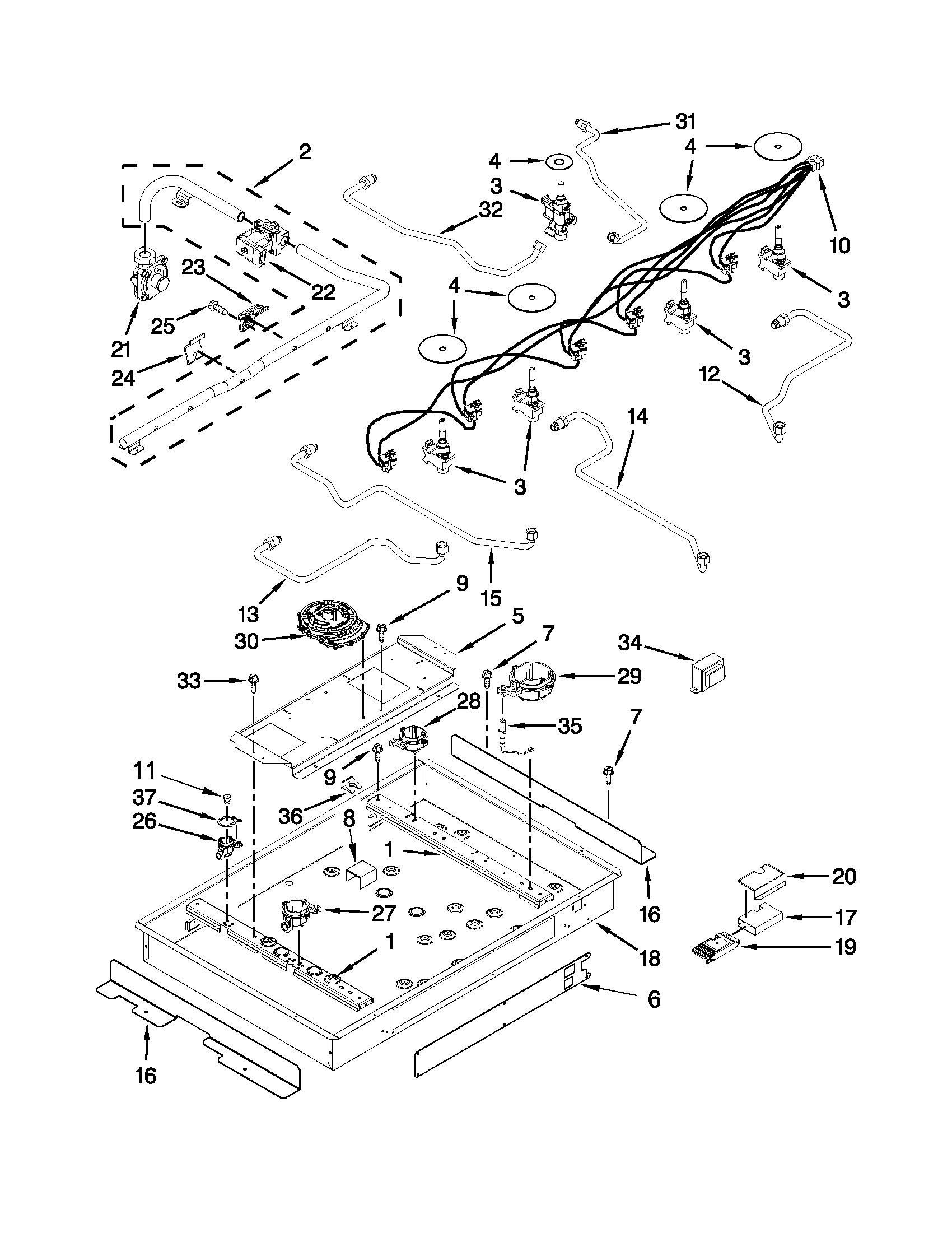 Burner box, gas valves and switches parts