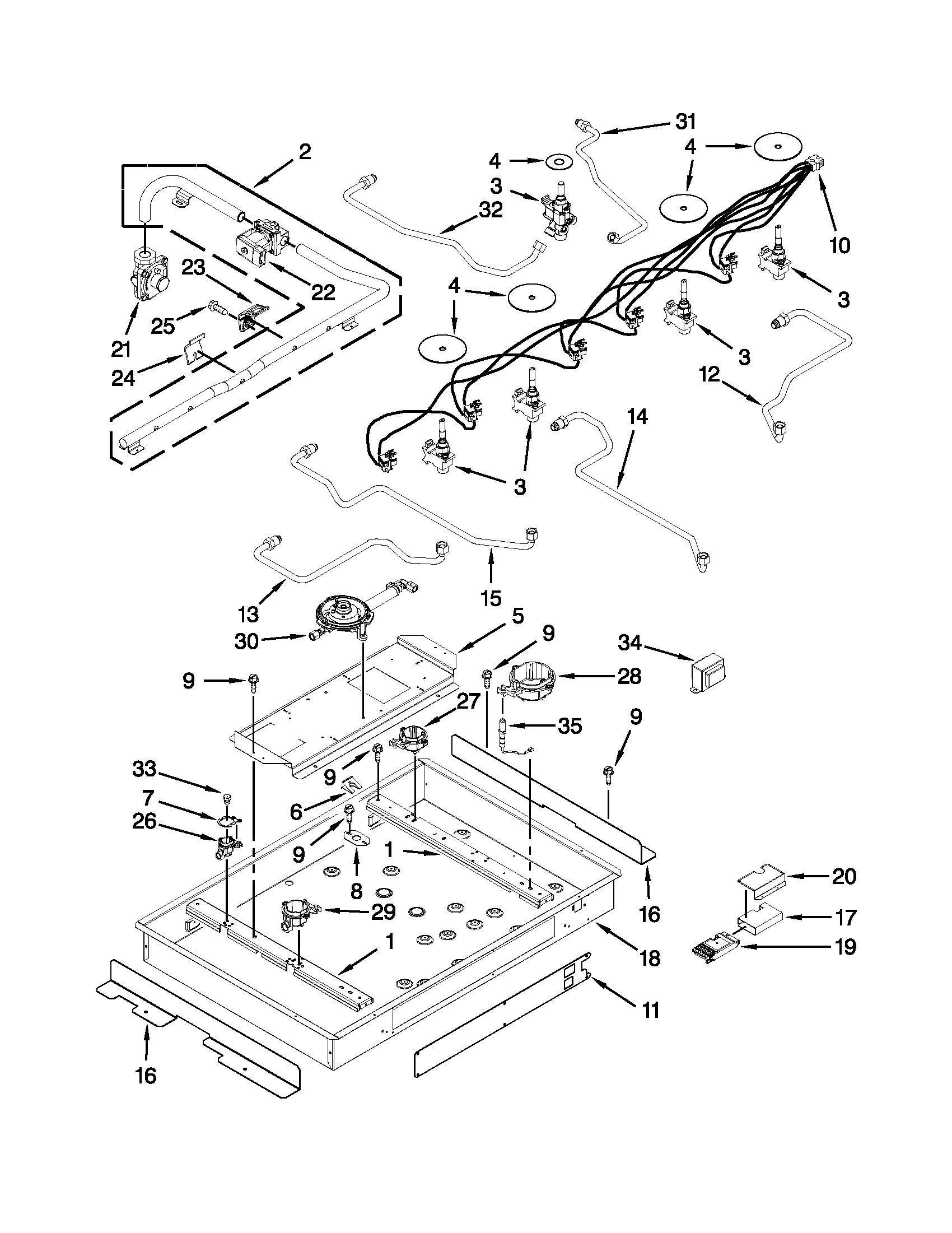 Burner box, gas valves and switches parts
