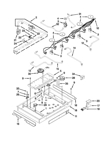 Burner box, gas valves and switches parts