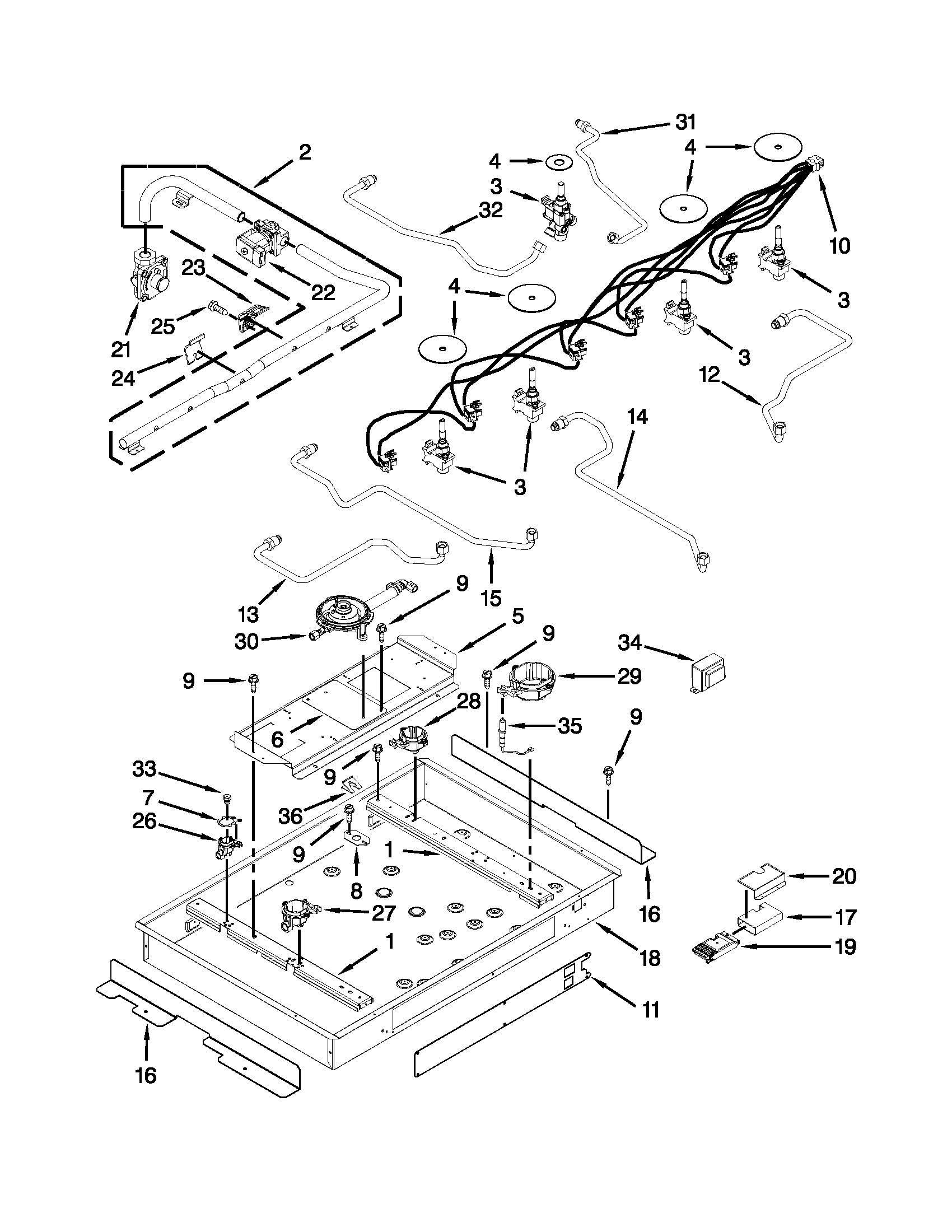 Burner box, gas valves and switch parts