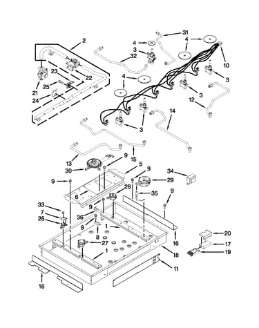 Burner box, gas valves and switch parts