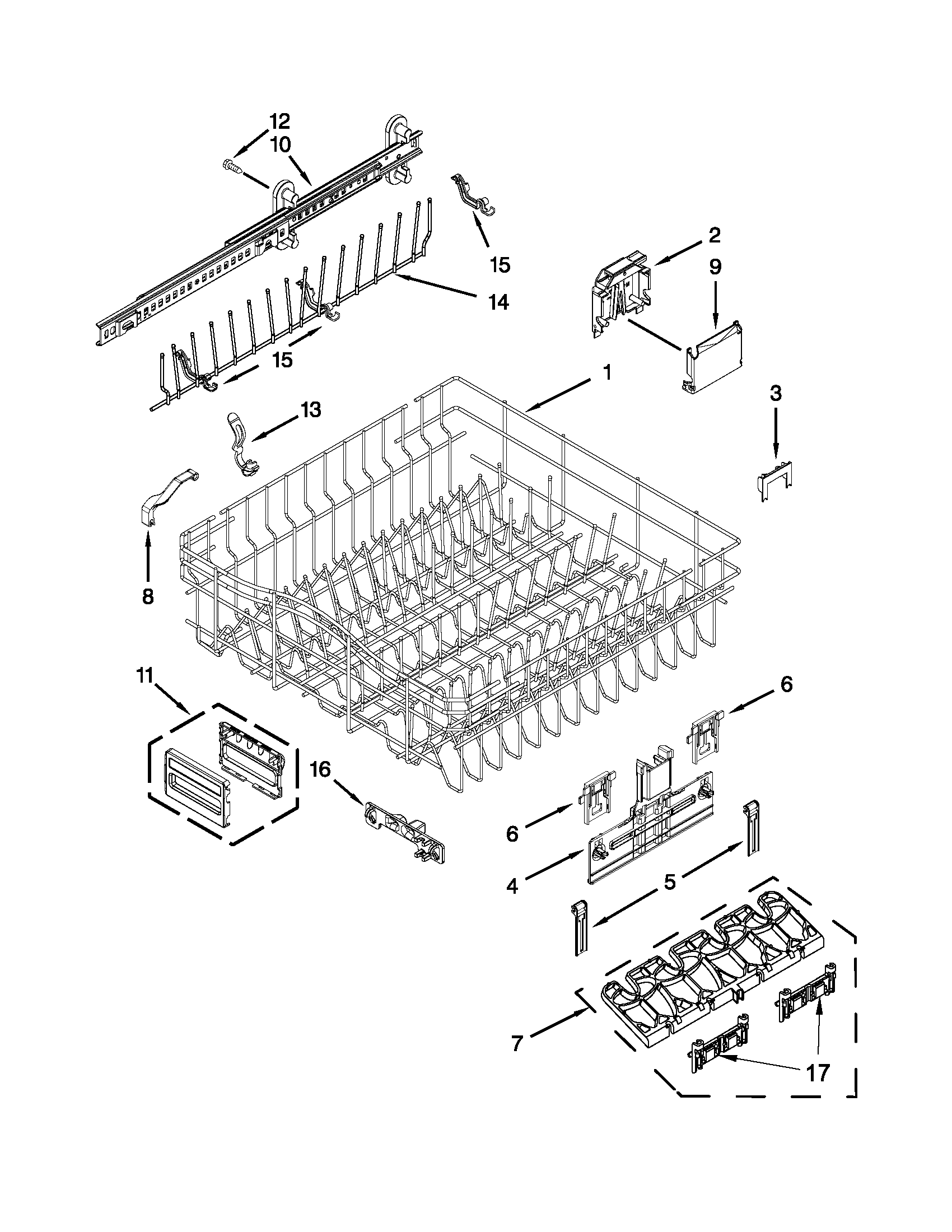 Upper rack and track parts