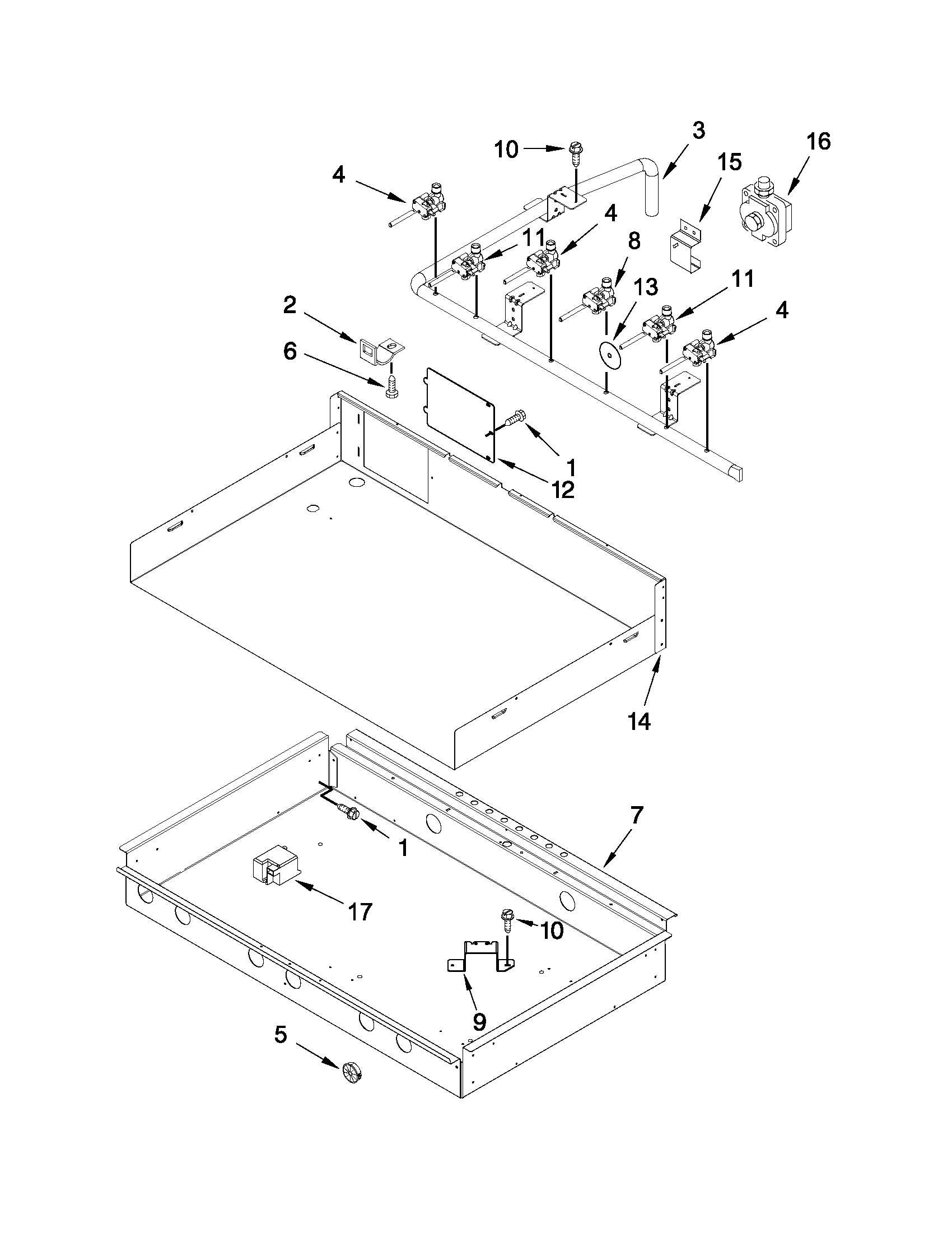 Burner box, gas valves and switches