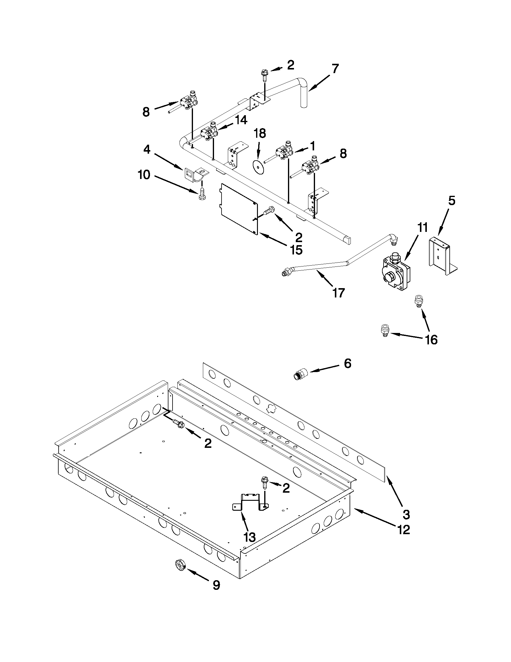 Burner box, gas valves and switch parts