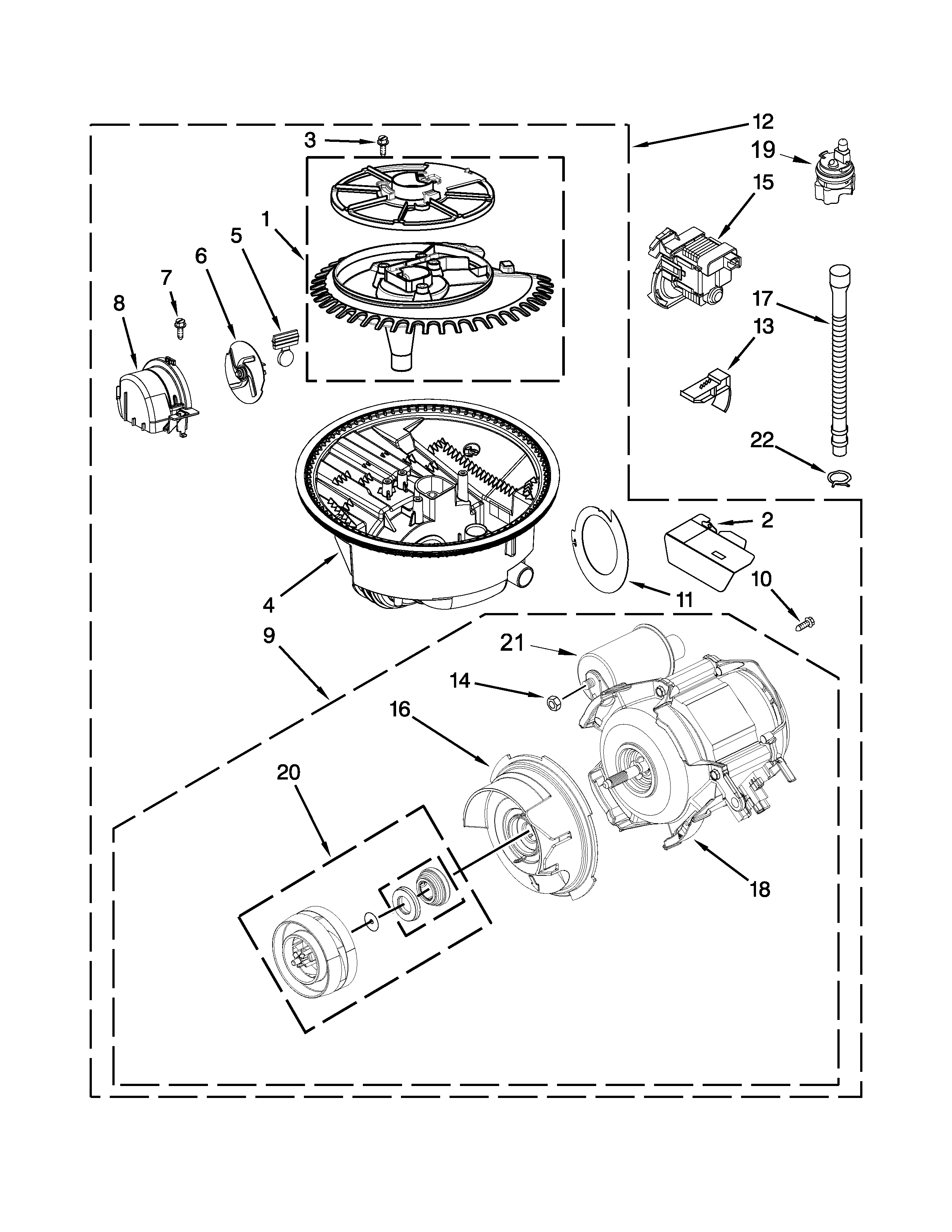 Pump, washarm and motor parts