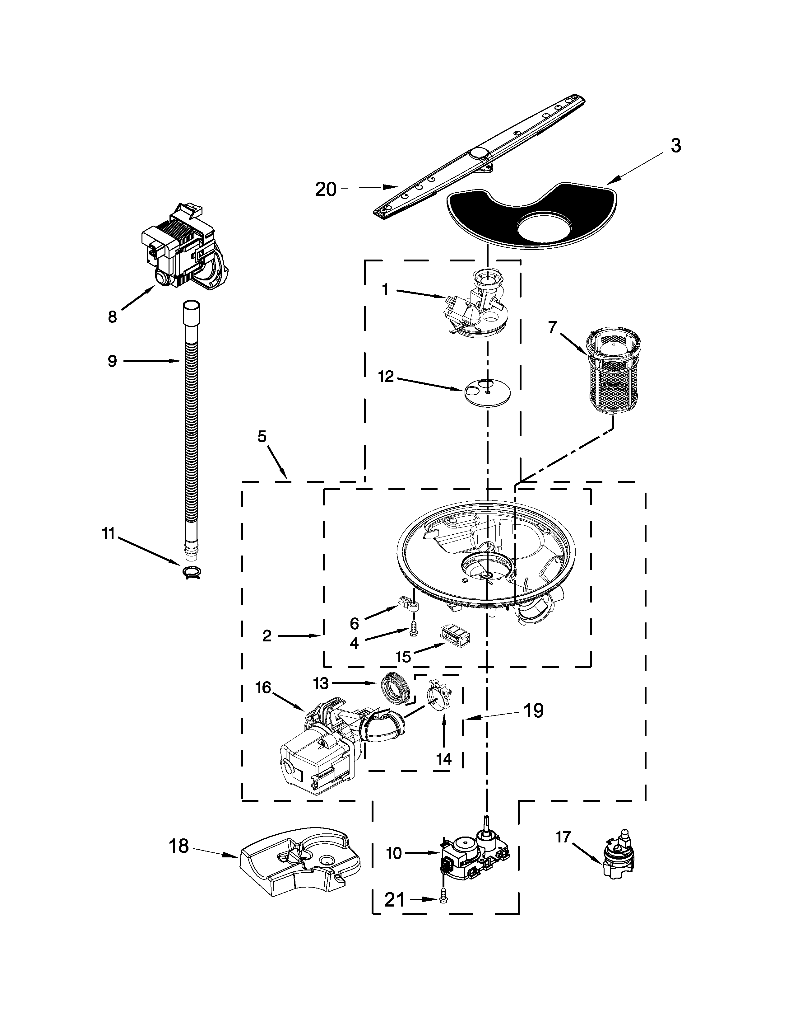 Pump, washarm and motor parts