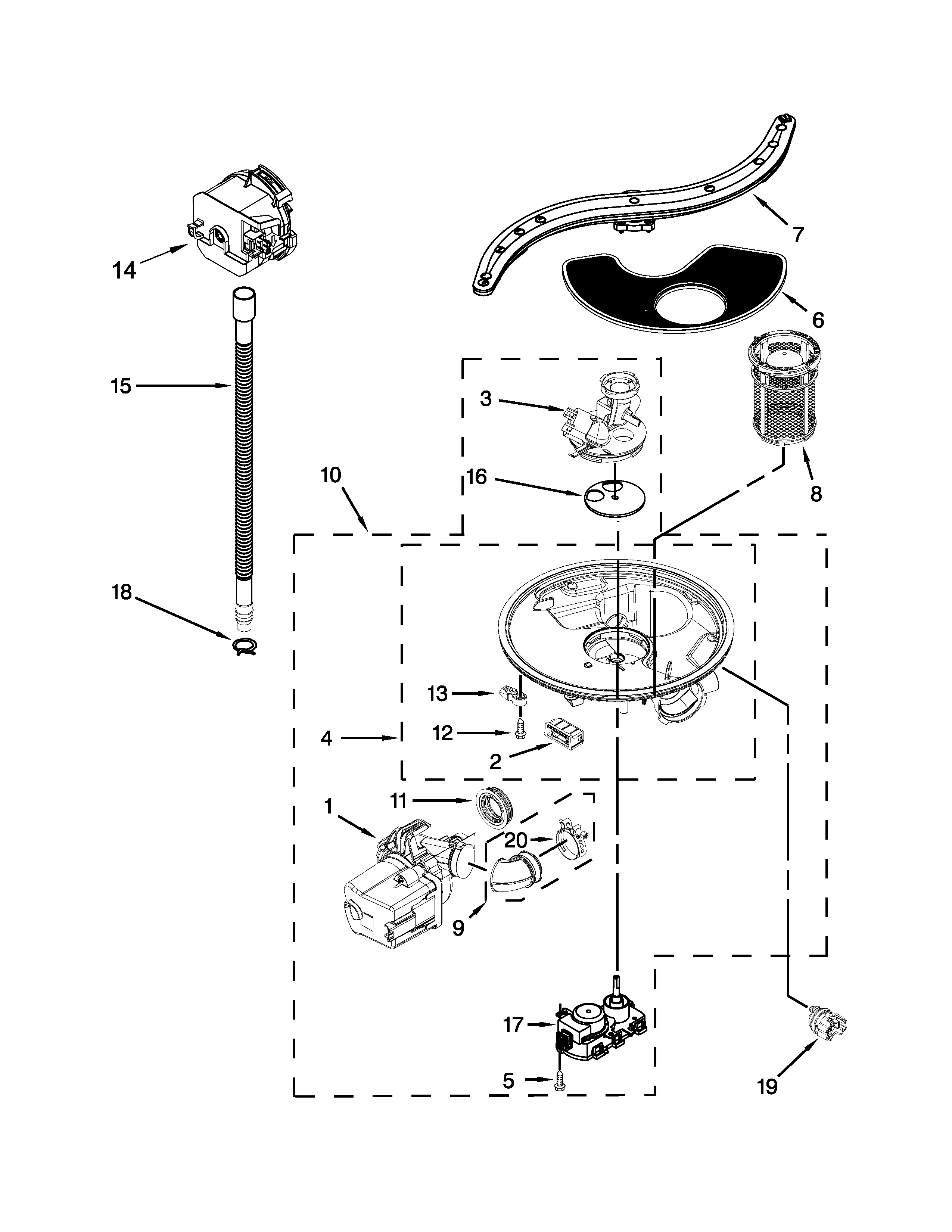 Pump, washarm and motor parts