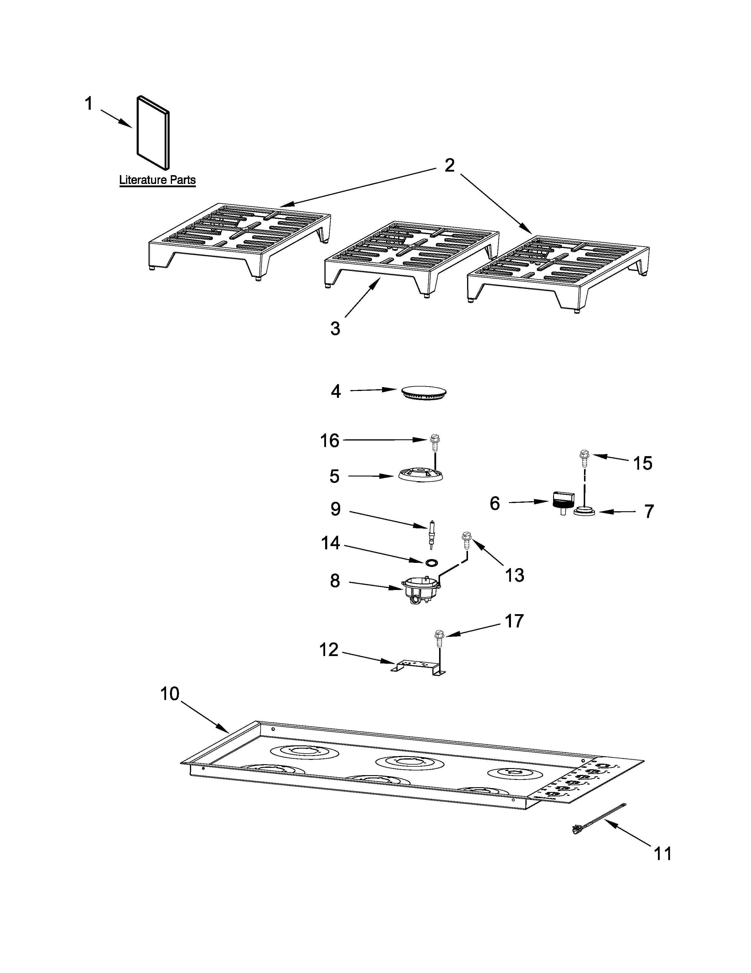 Cooktop, burner and grate parts