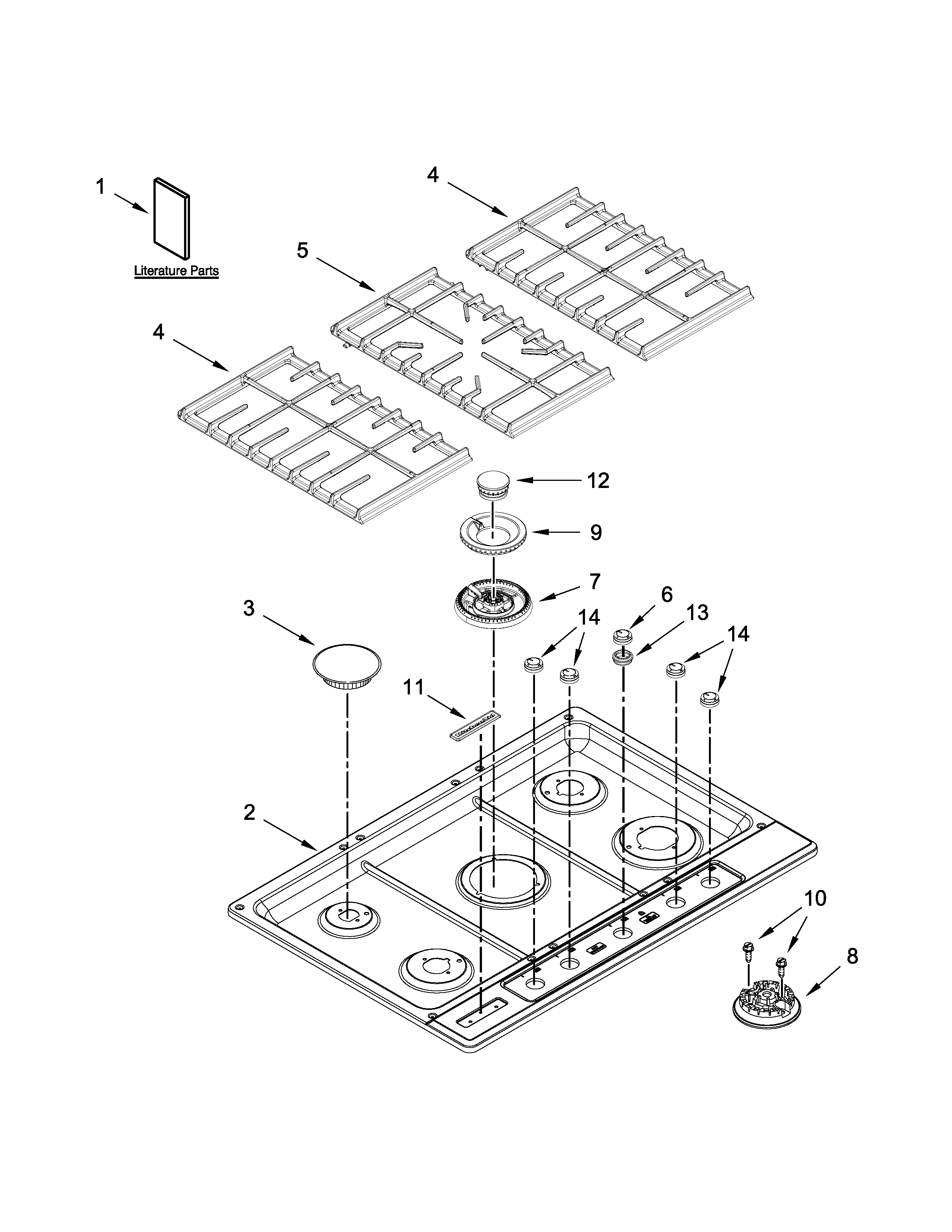Cooktop, burner and grate parts