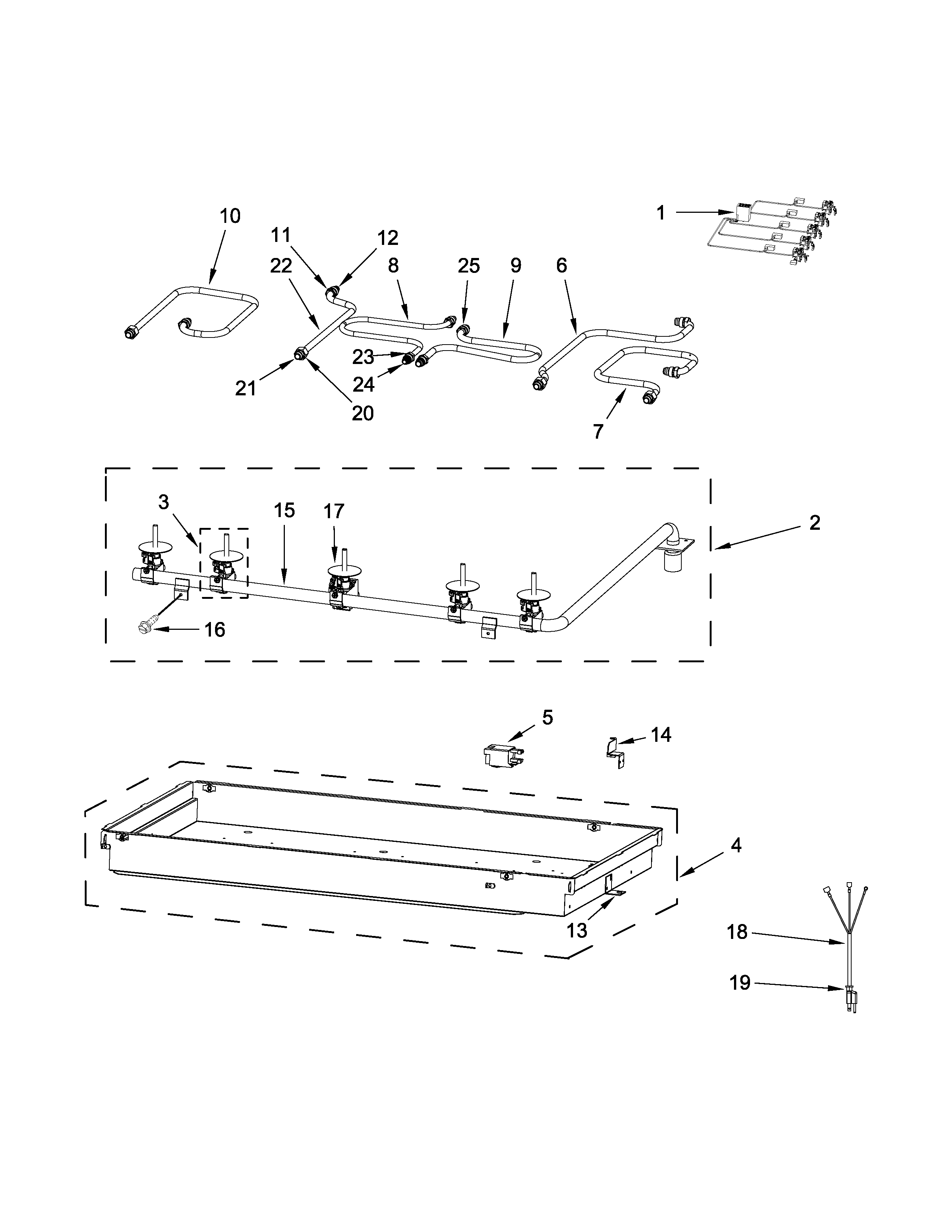 Burner box, gas valves and switch parts