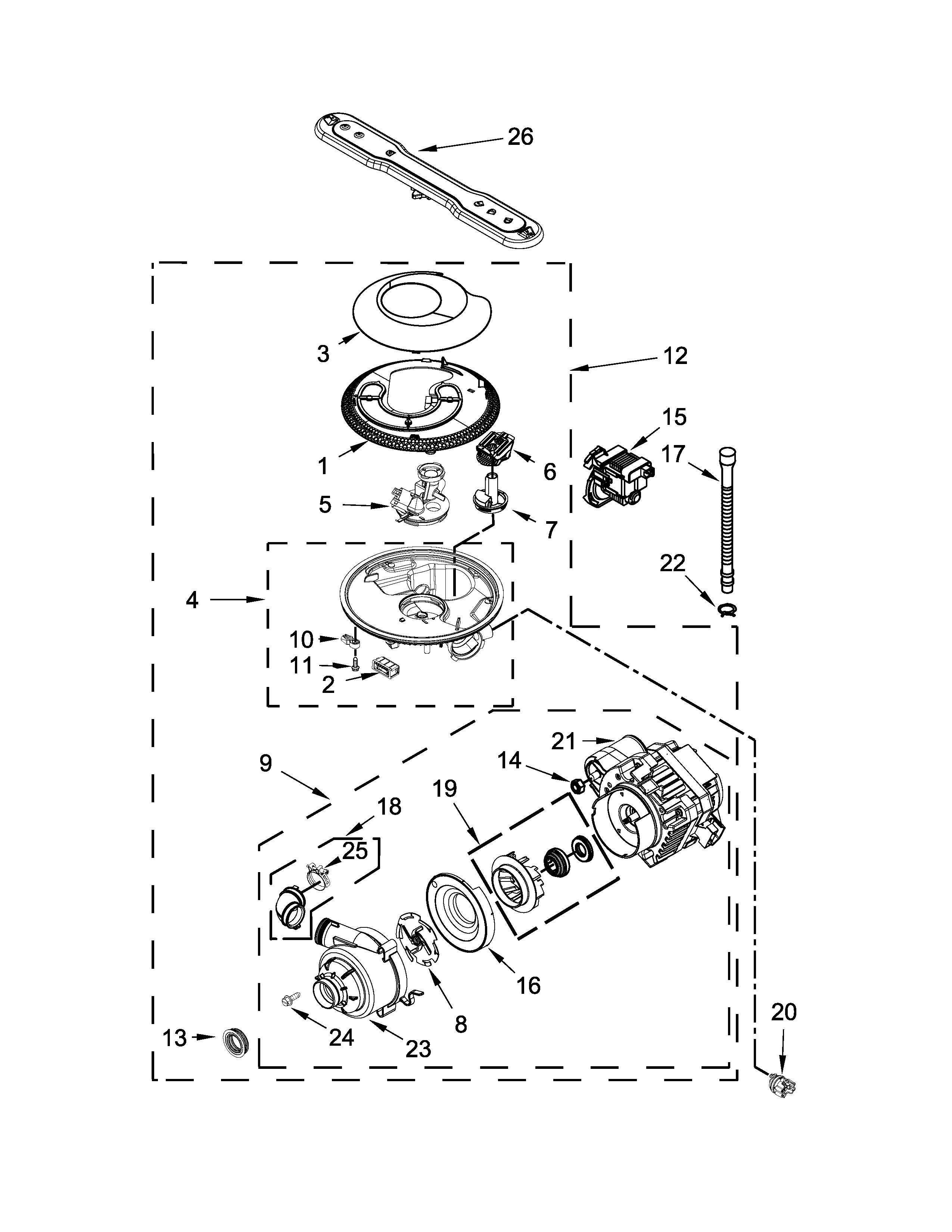 Pump, washarm and motor parts
