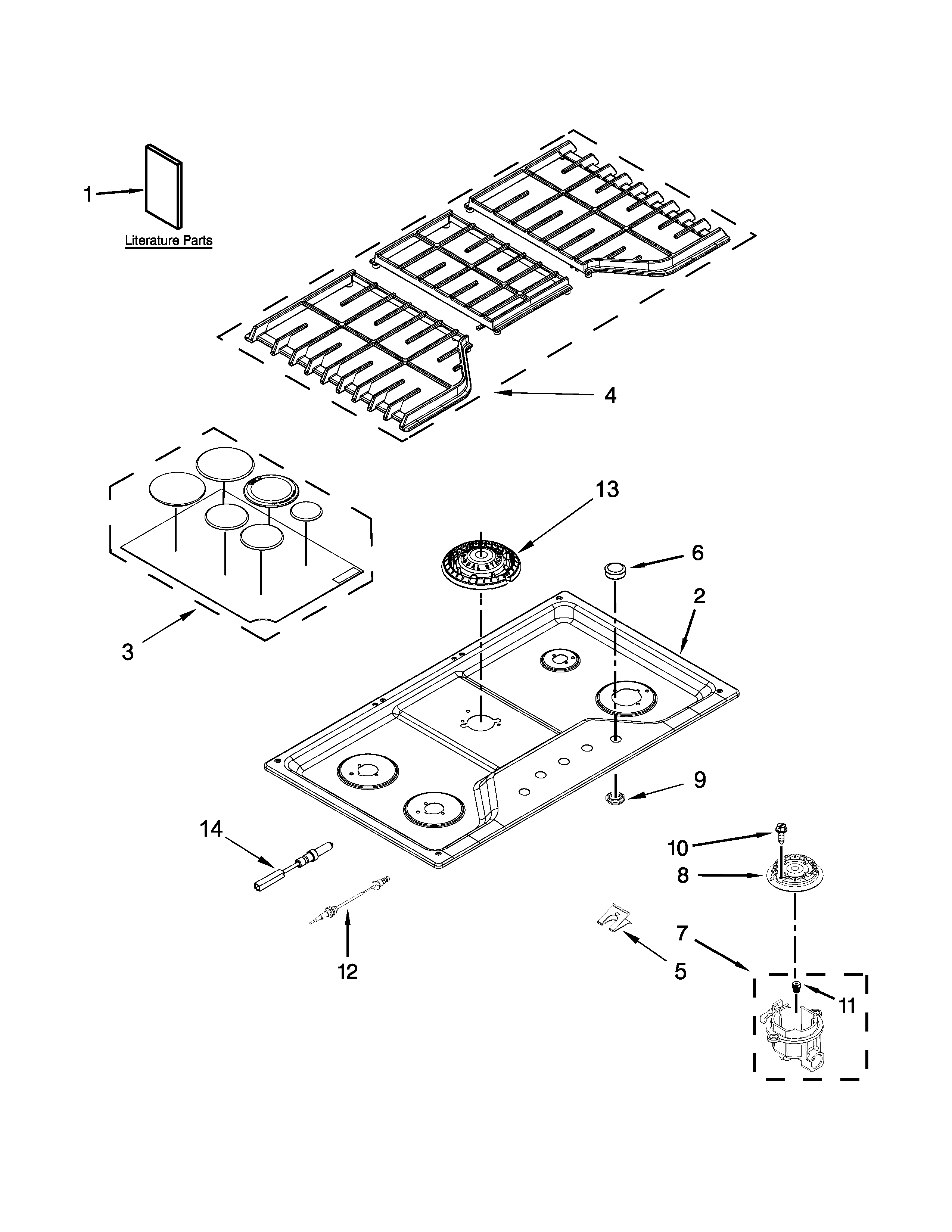 Cooktop, burner and grate parts