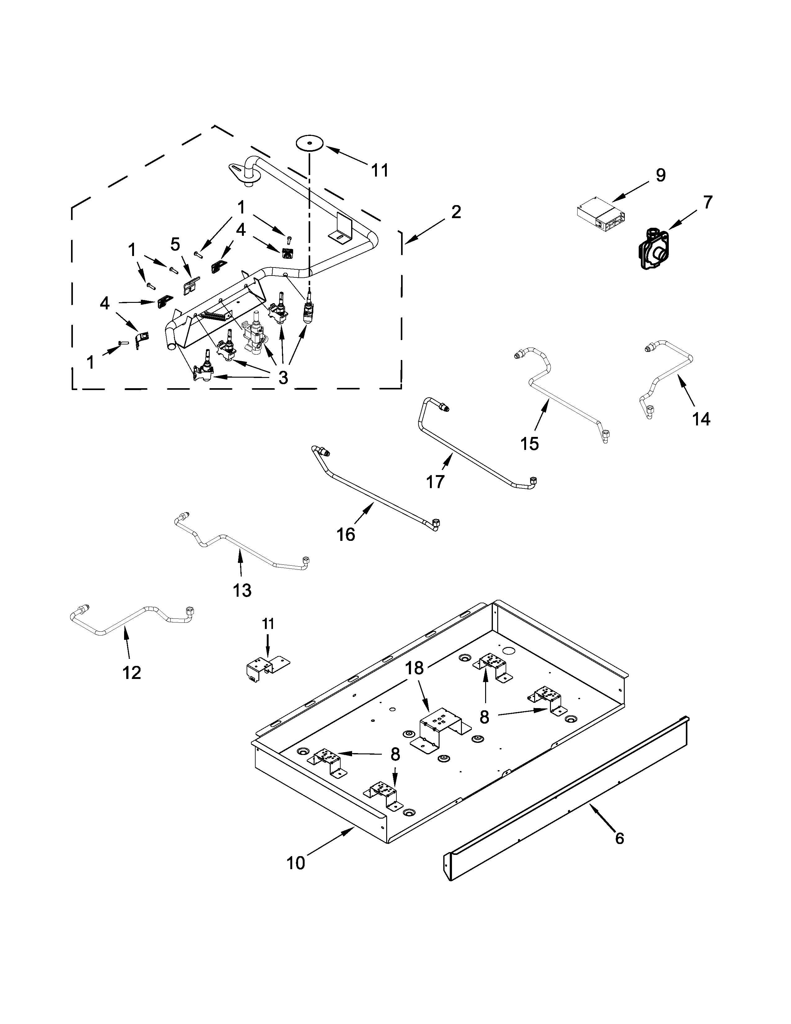 Burner box, gas valves and switch parts