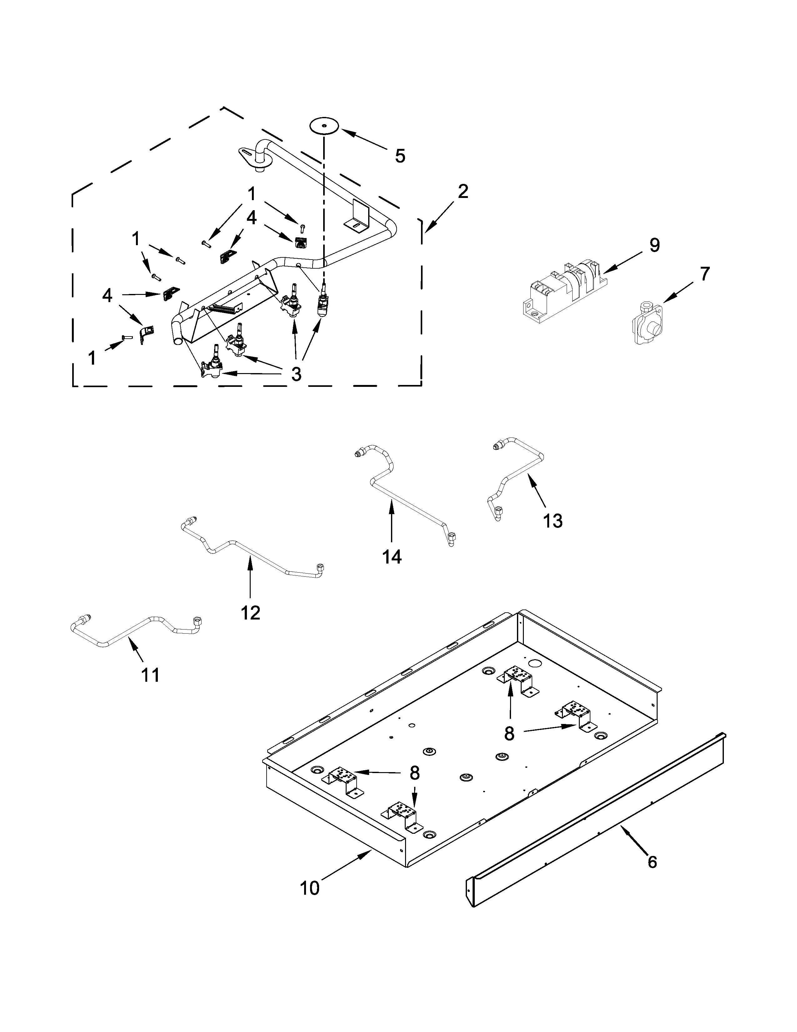 BURNER BOX, GAS VALVES AND SWITCH PARTS