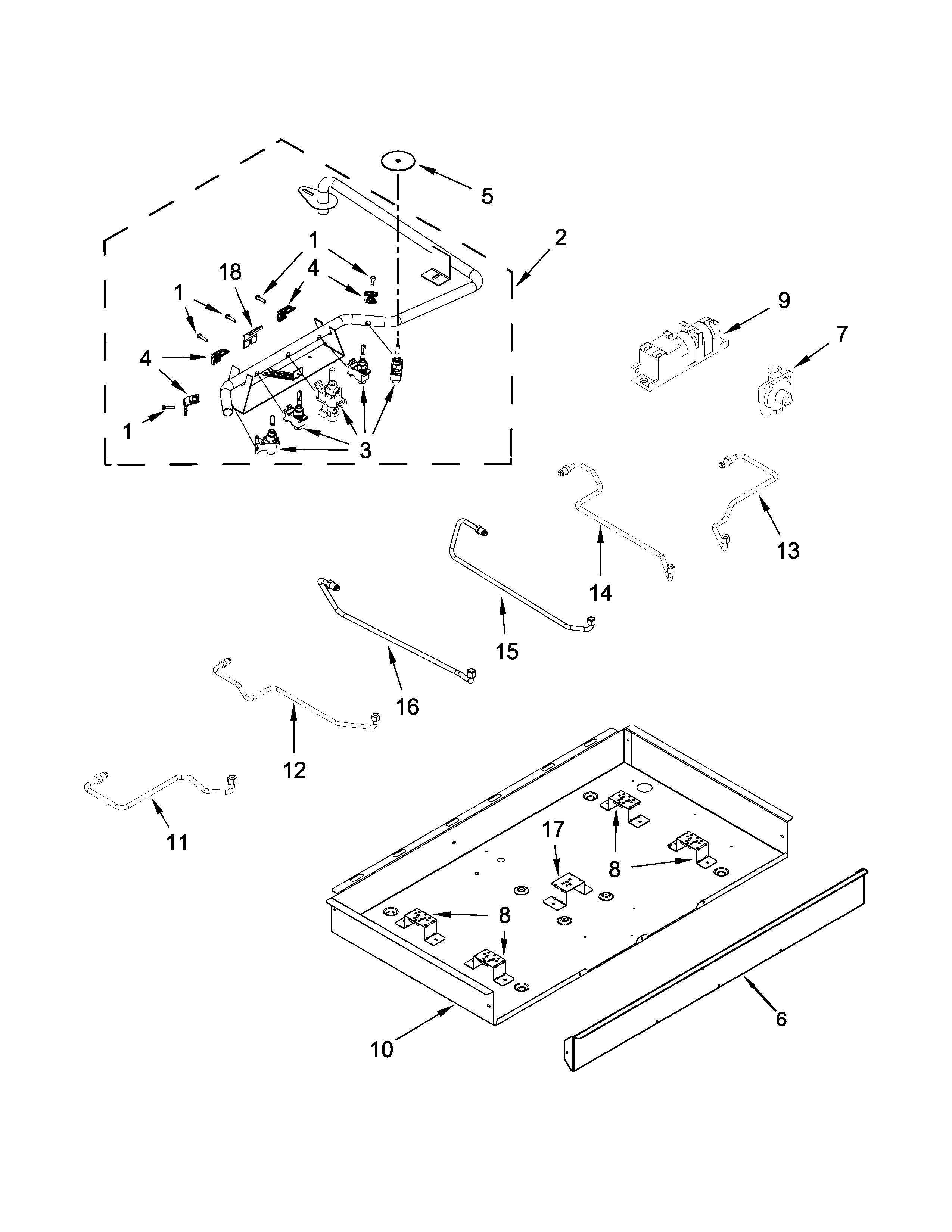 BURNER BOX, GAS VALVES AND SWITCH PARTS
