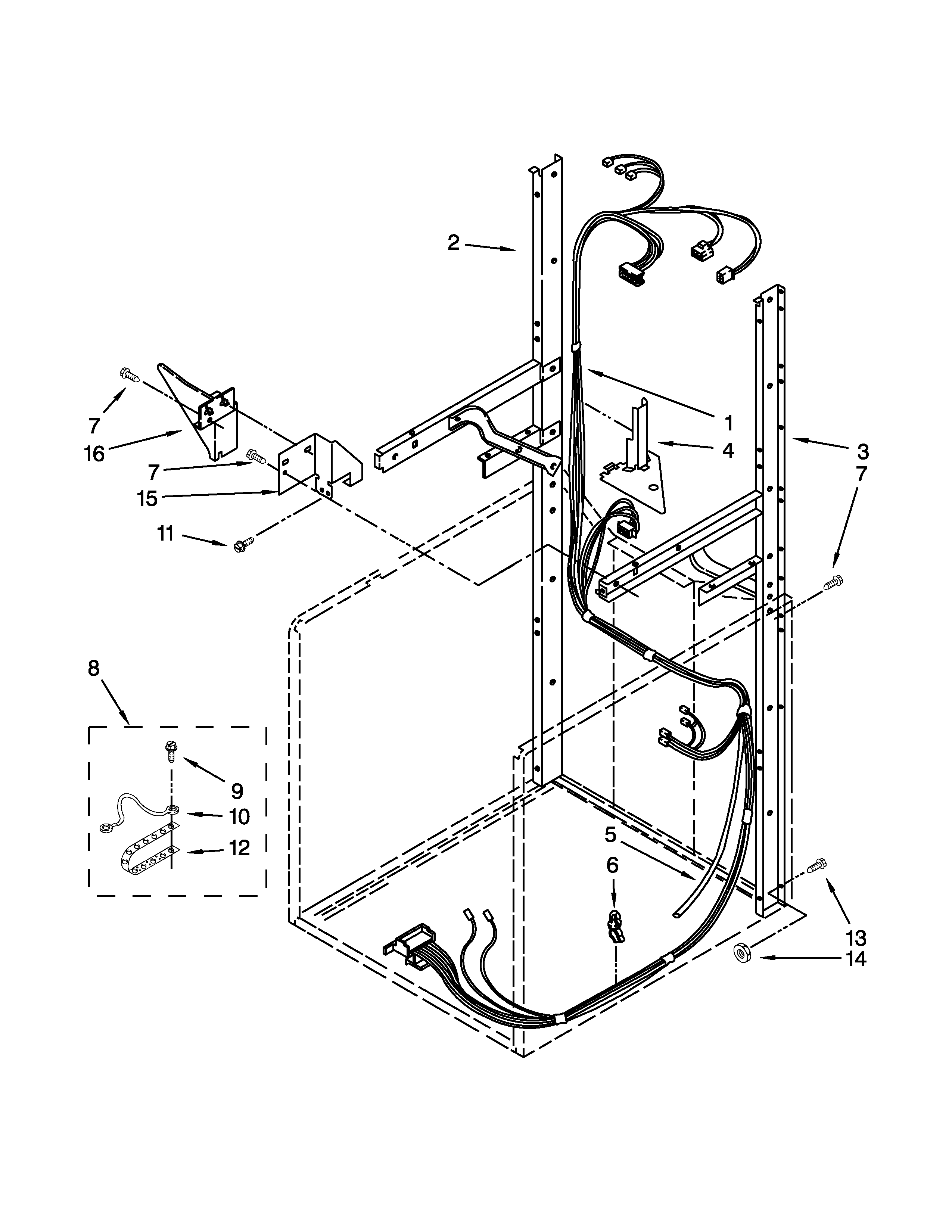 Dryer support and washer harness parts