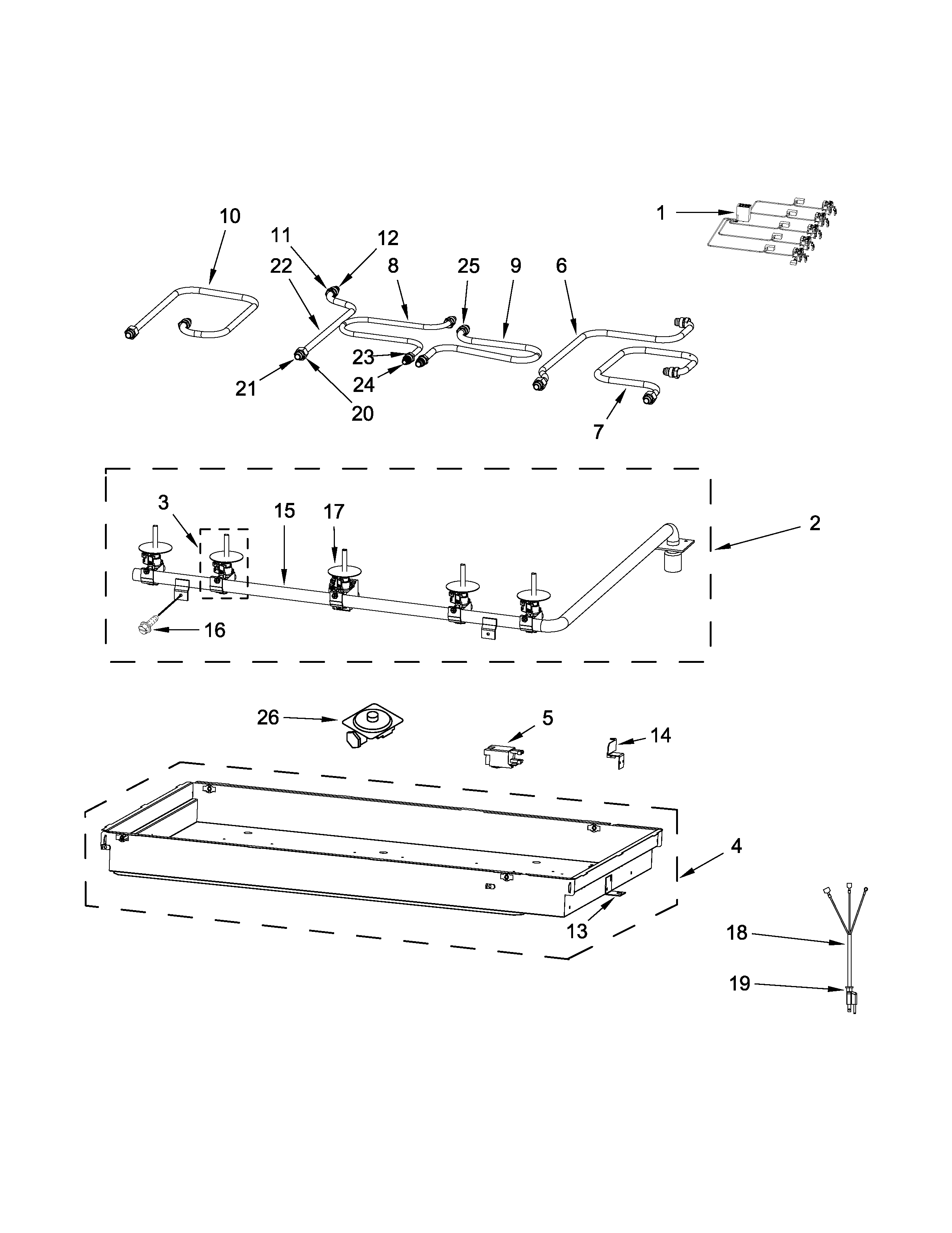 Burner box, gas valves and switch parts