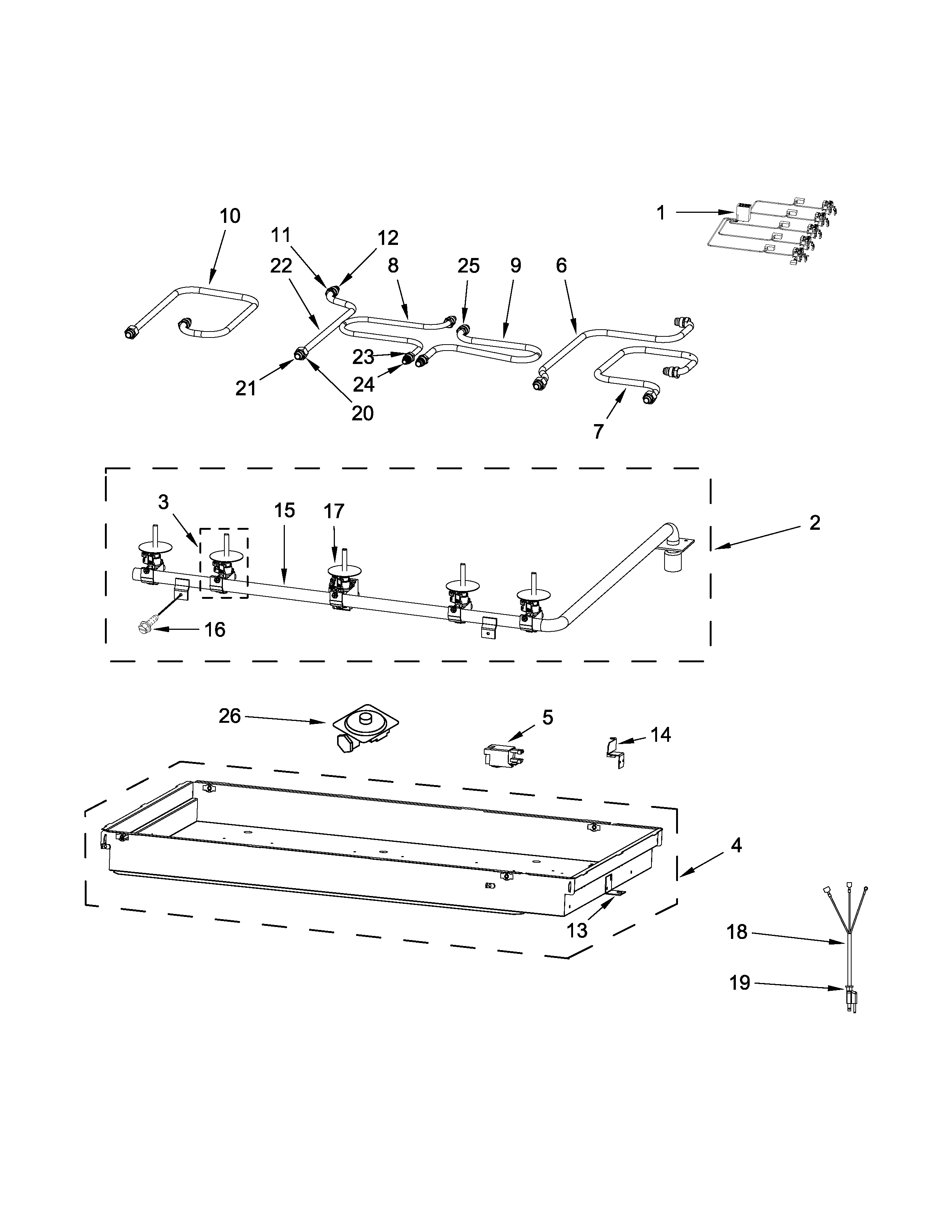 Burner box, gas valves and switch parts