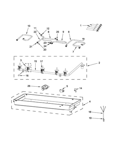 Burner box, gas valves and switch parts
