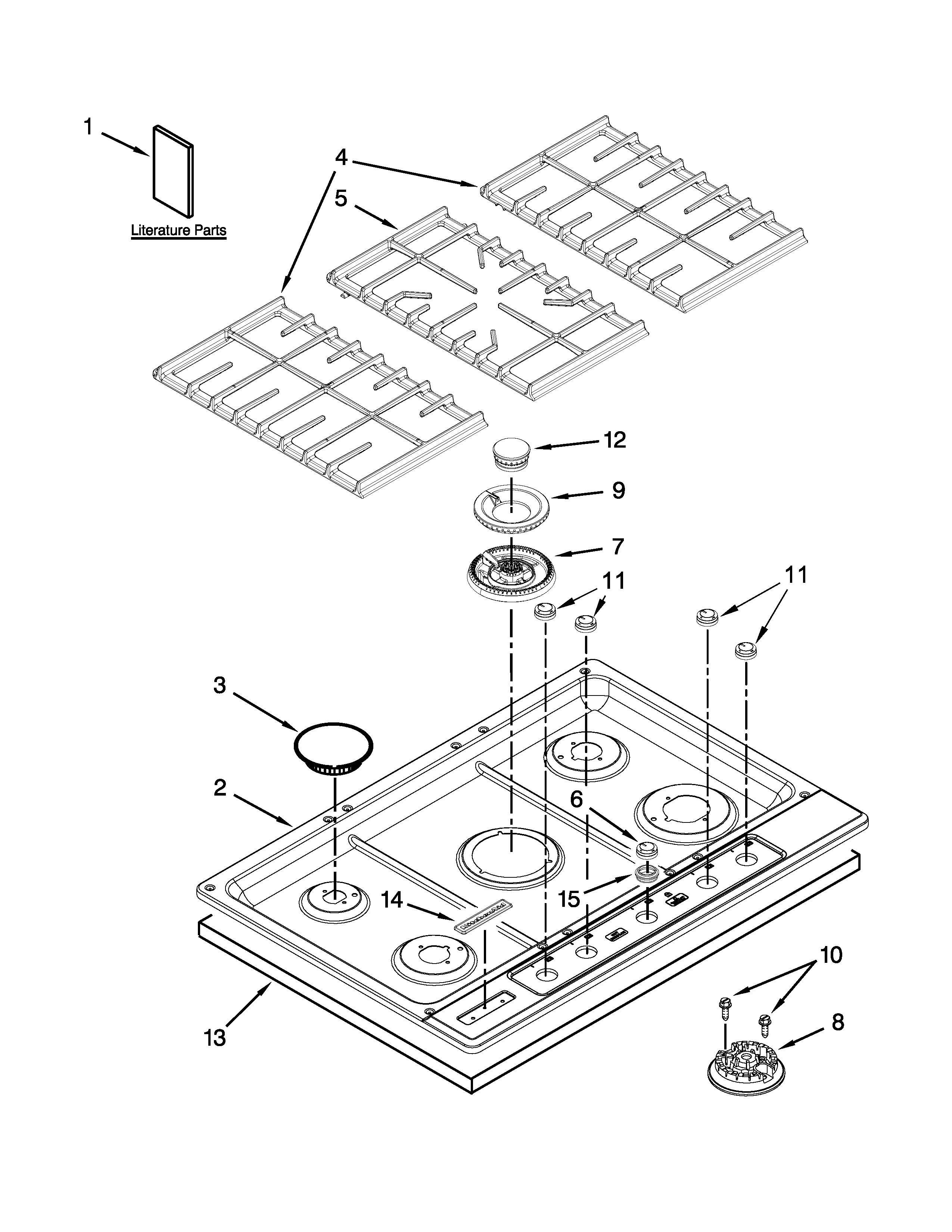 Cooktop, burner and grate parts