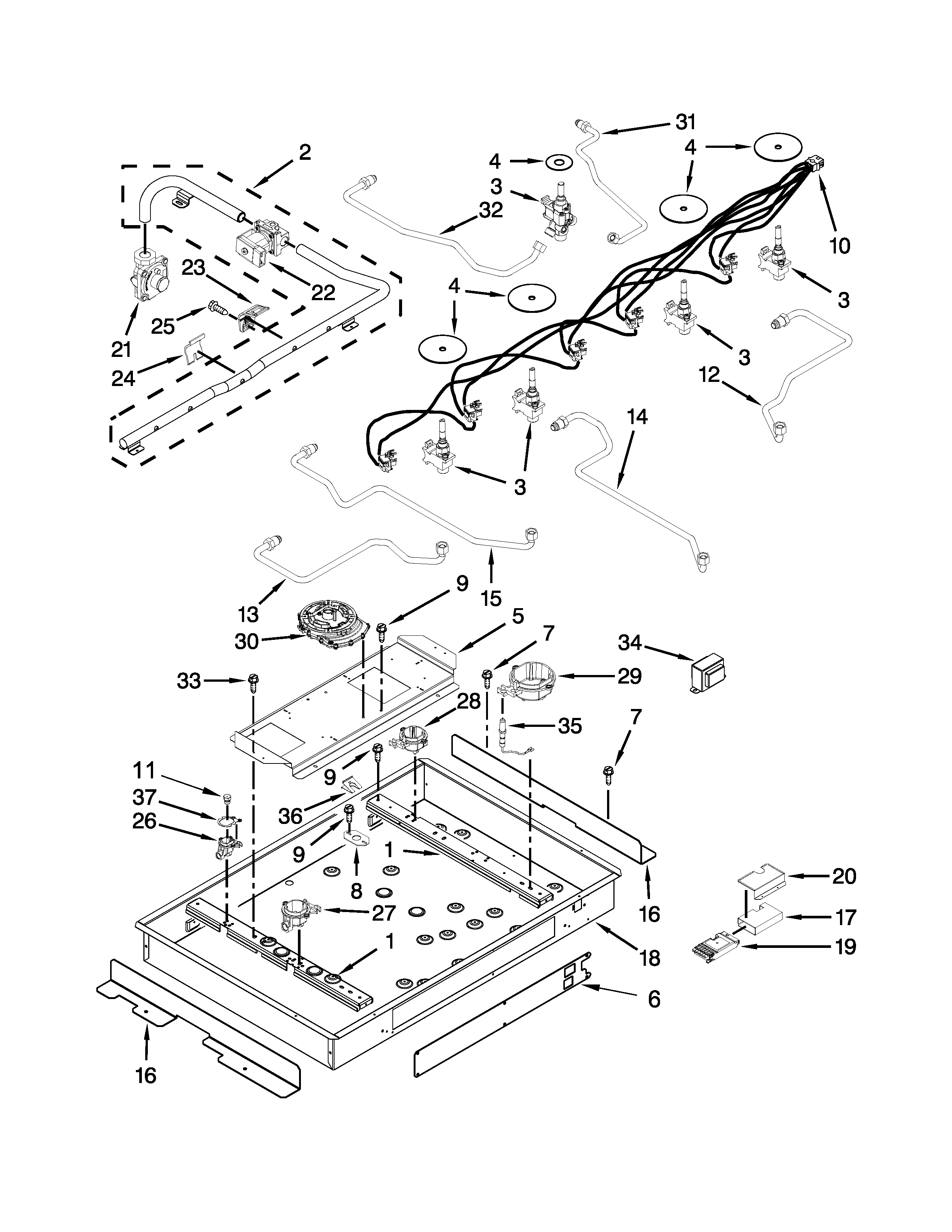 Burner box, gas valves and switches