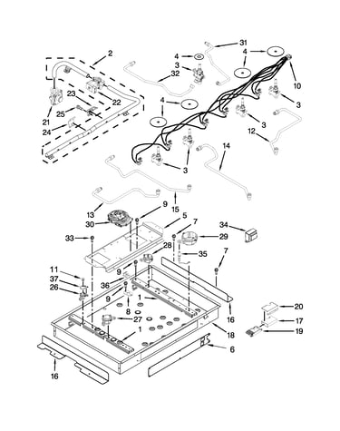 Burner box, gas valves and switches