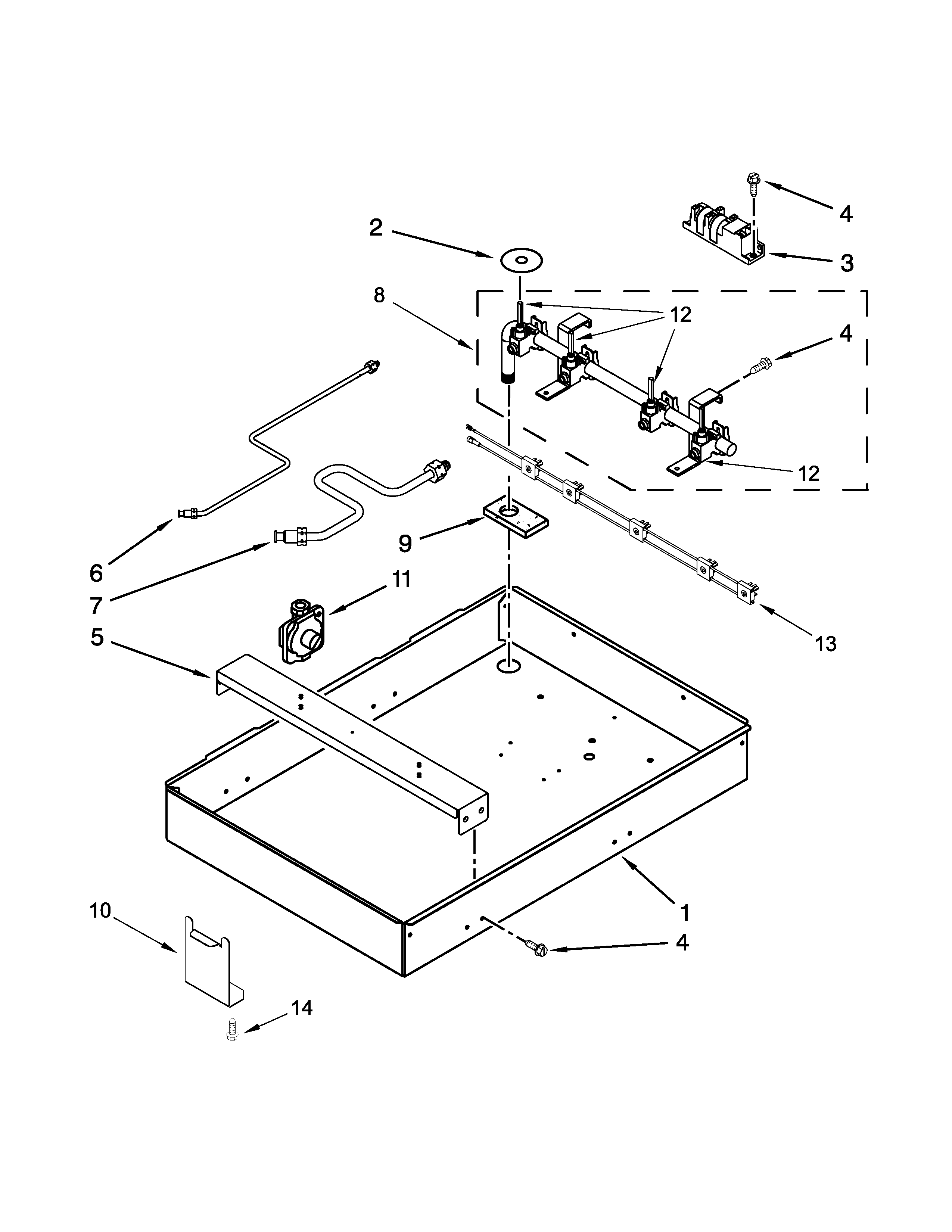 Burner box, gas valve and switch parts