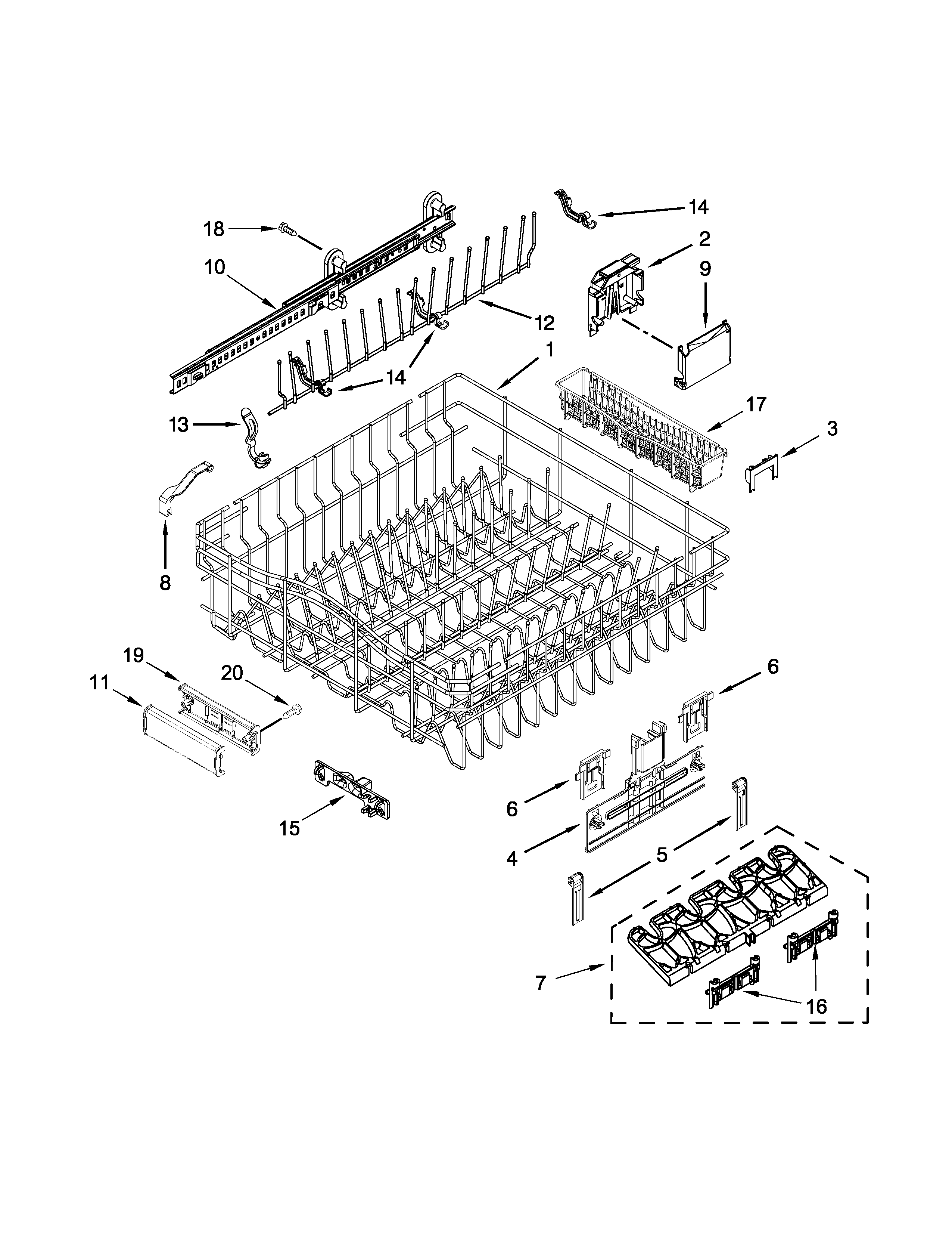 Upper rack and track parts