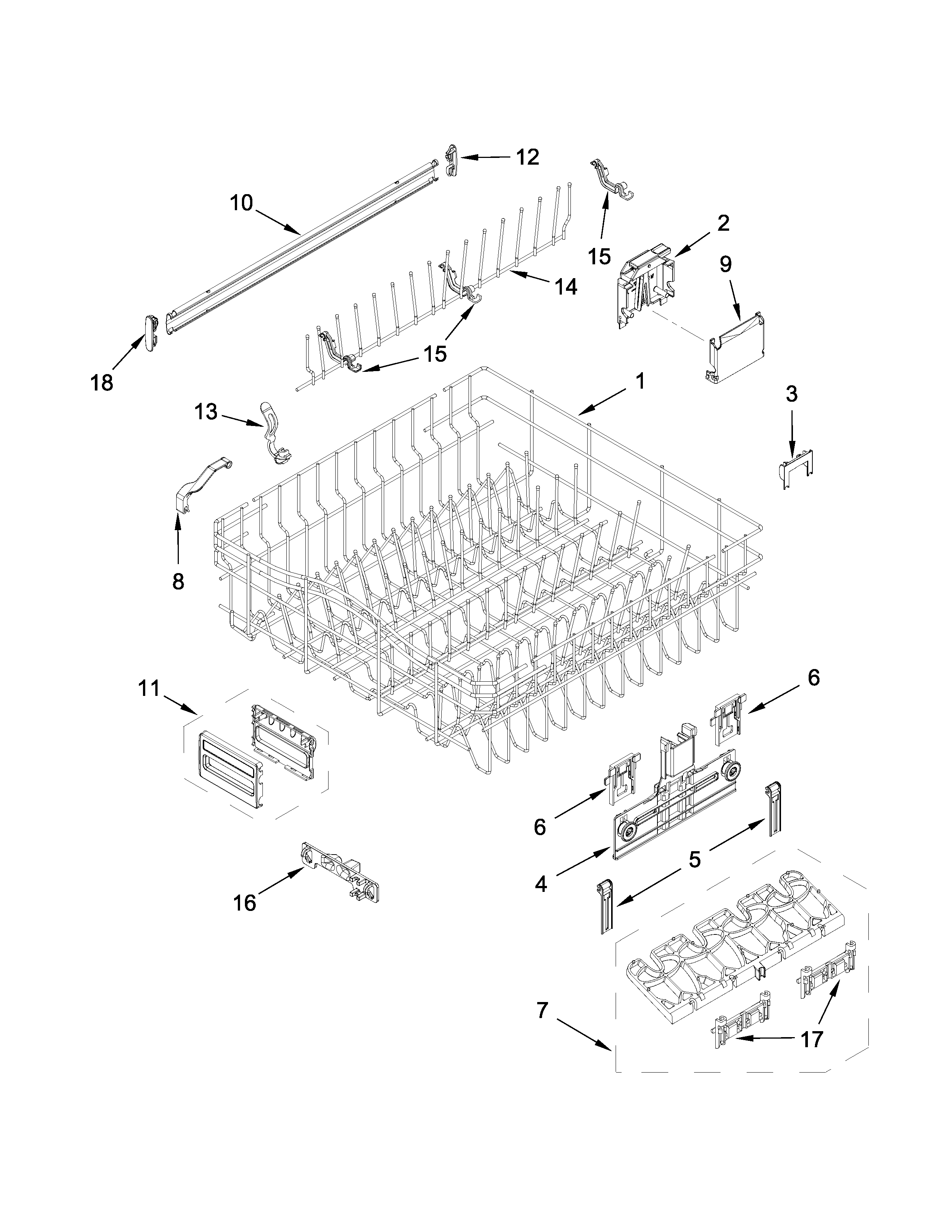 Upper rack and track parts