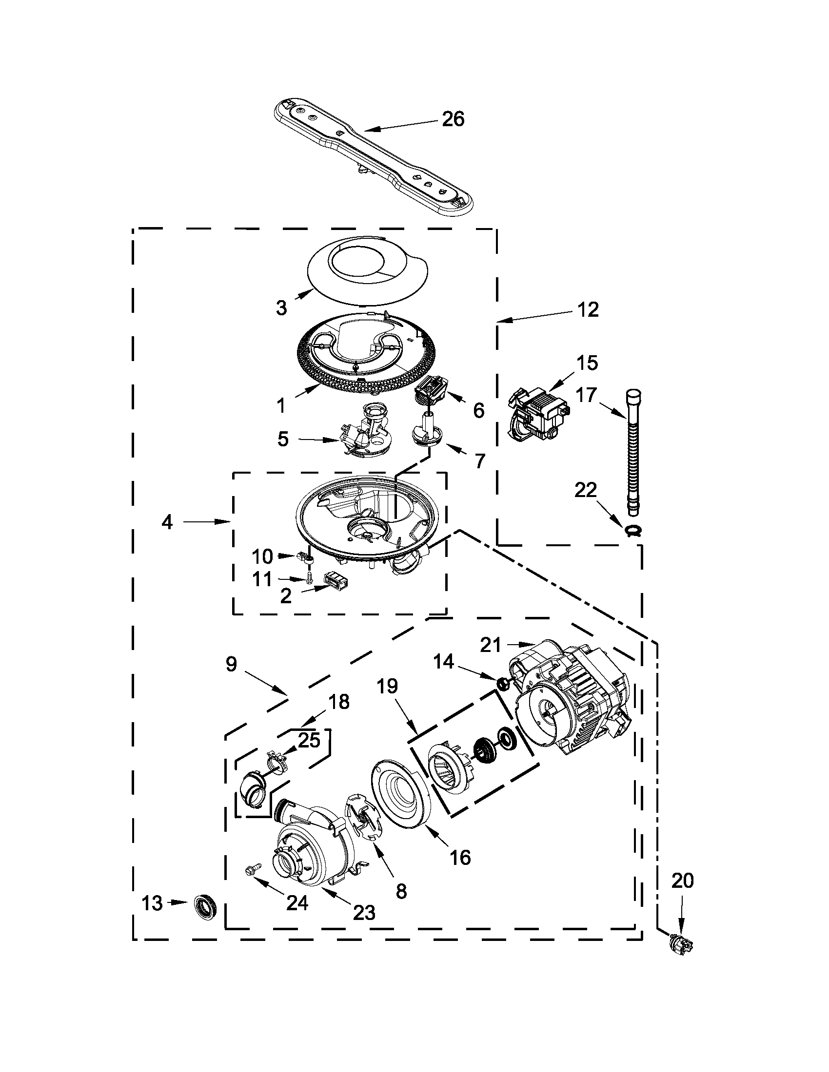 Pump, washarm and motor parts