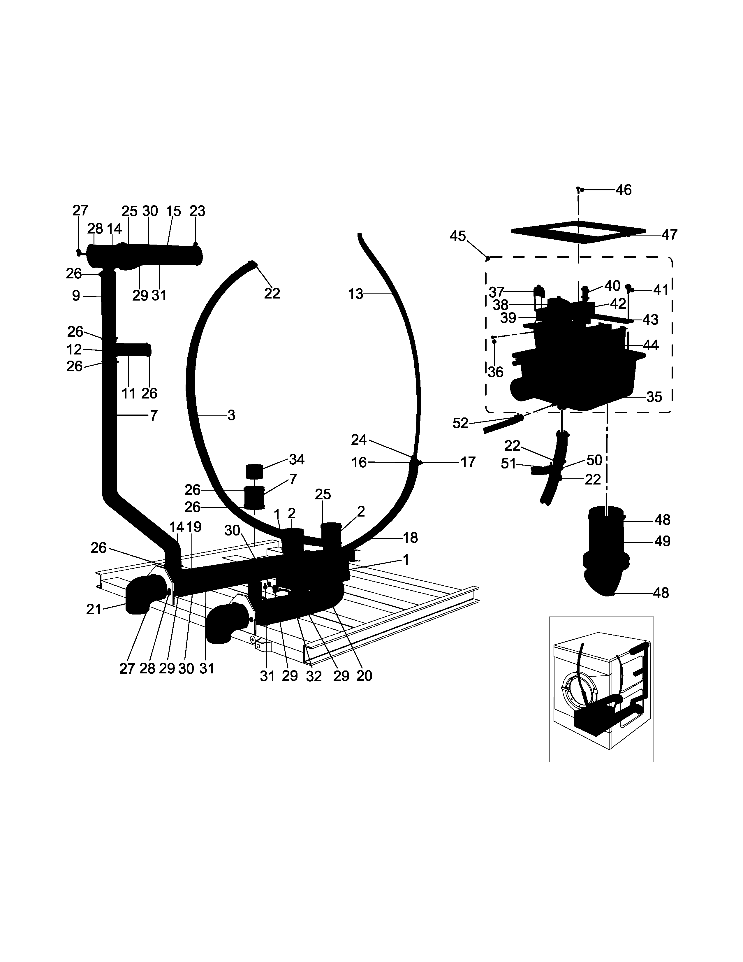 Soap box, drain and hose assembly parts