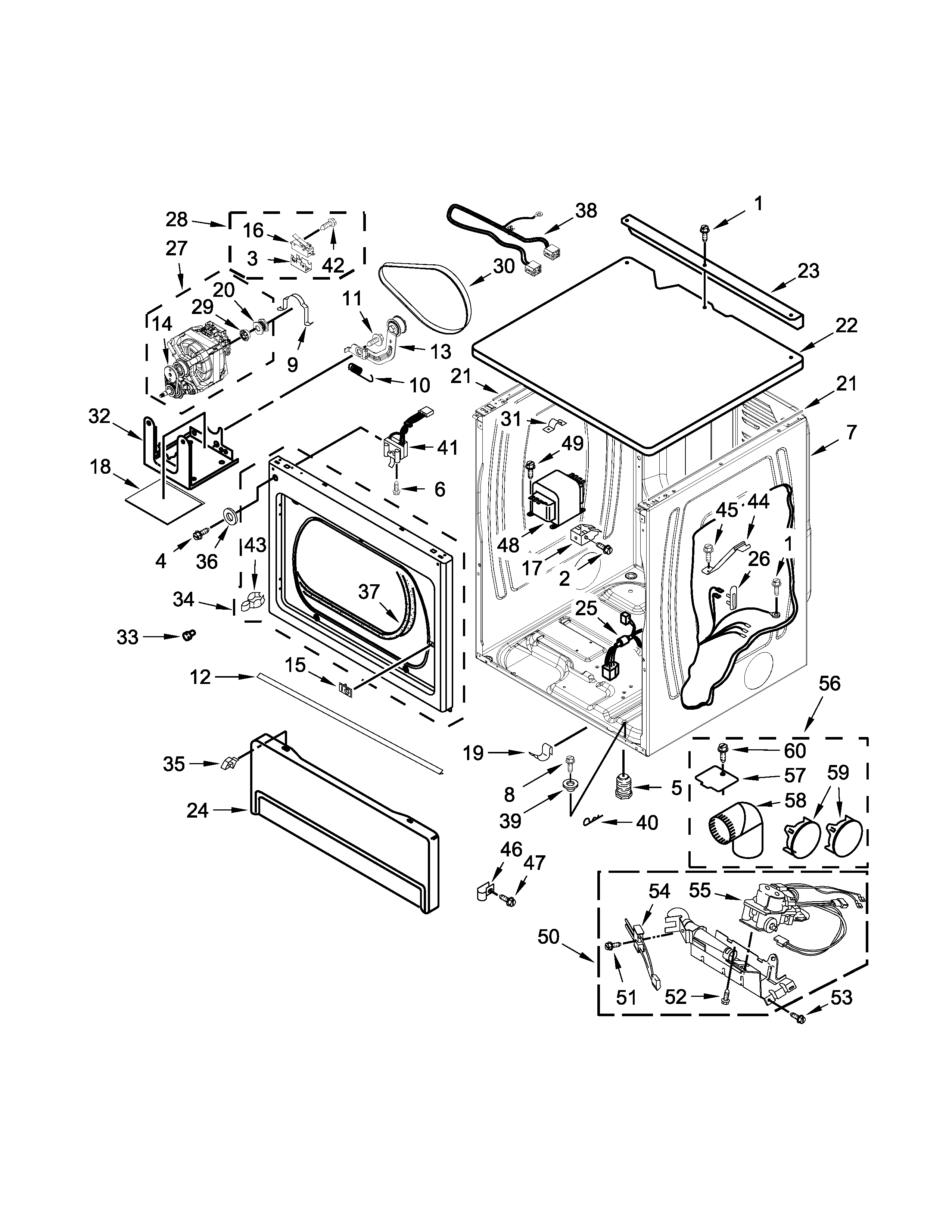 Upper cabinet and front panel parts