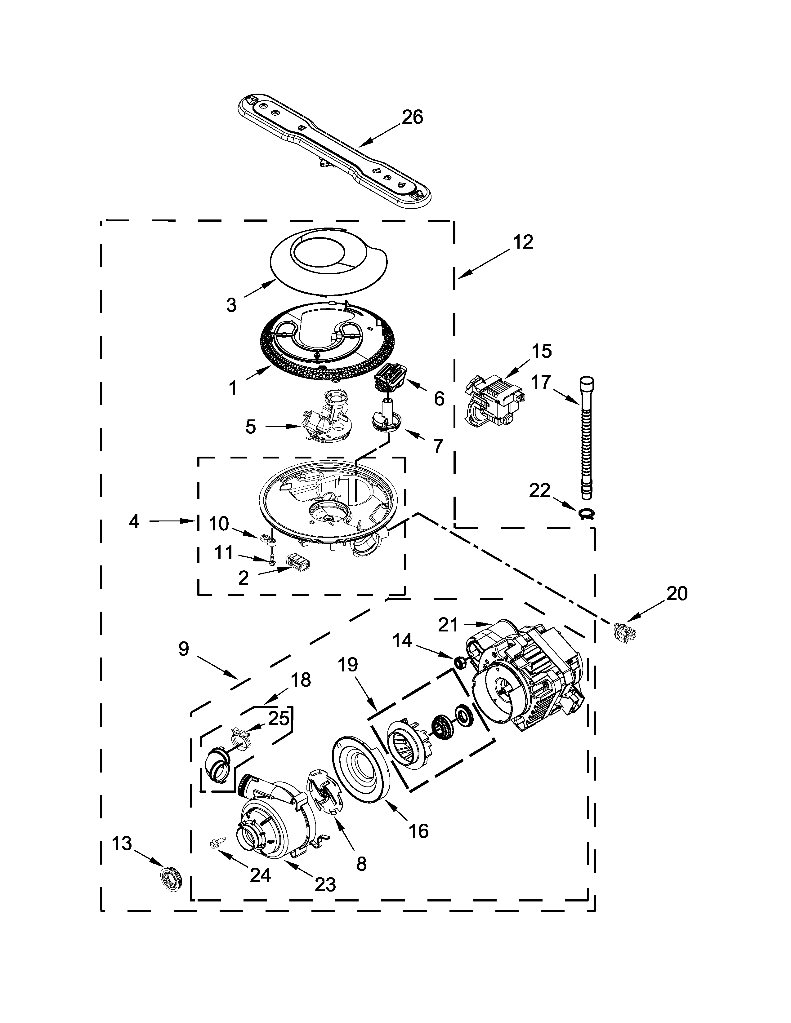 Pump, washarm and motor parts