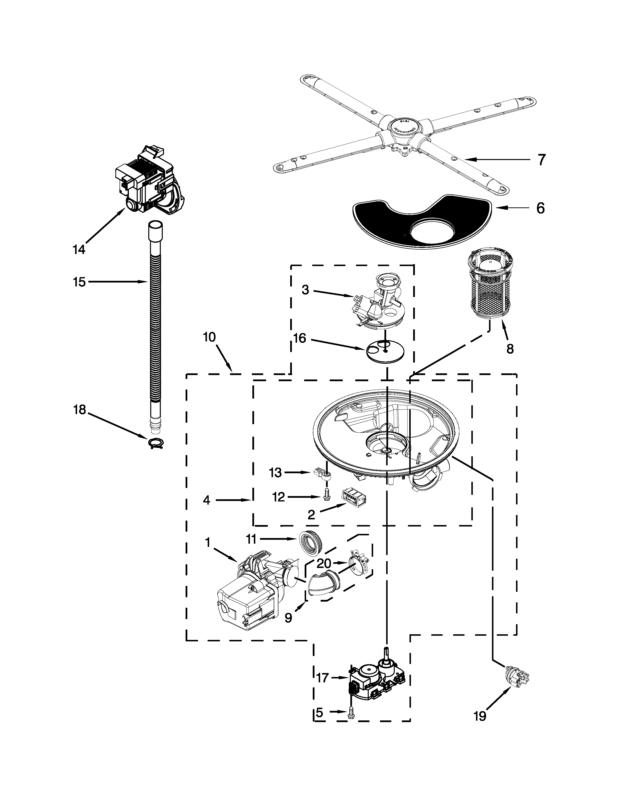 Pump, washarm and motor parts