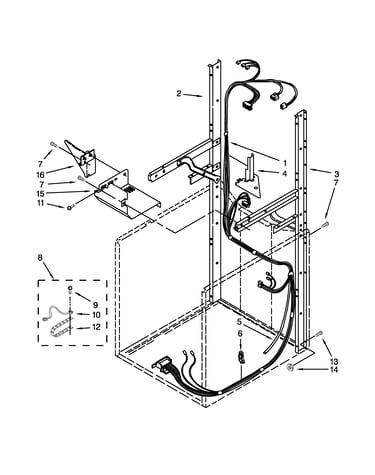 Dryer support and washer cabinet harness parts