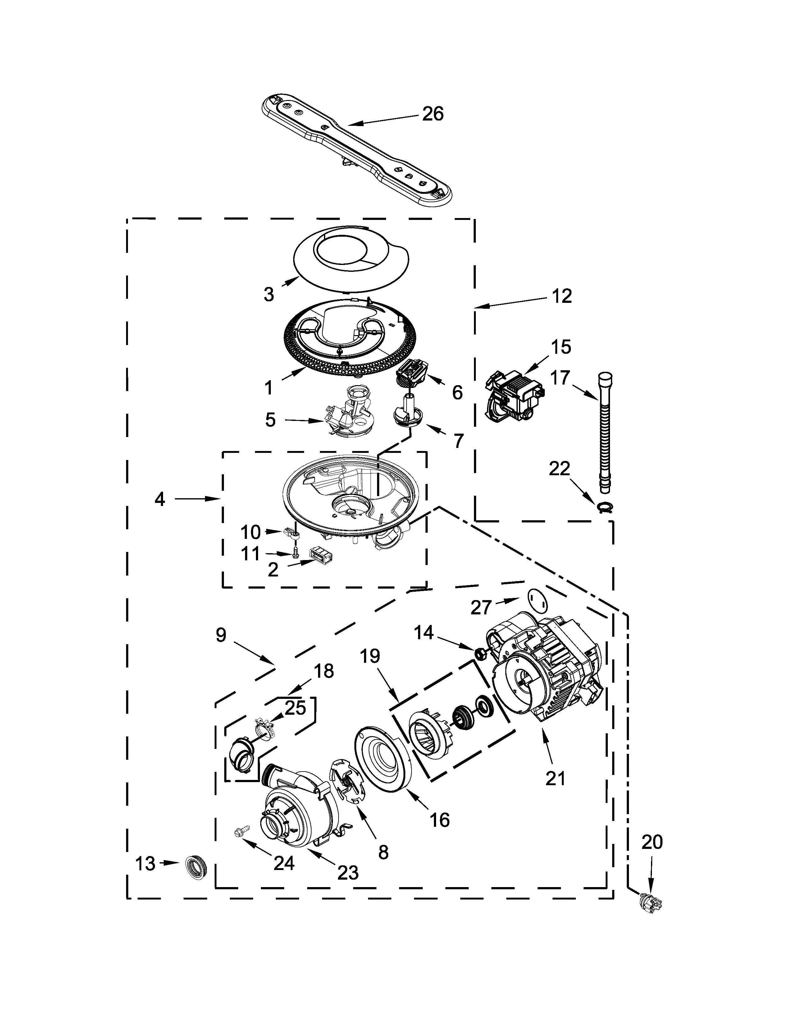 Pump, washarm and motor parts