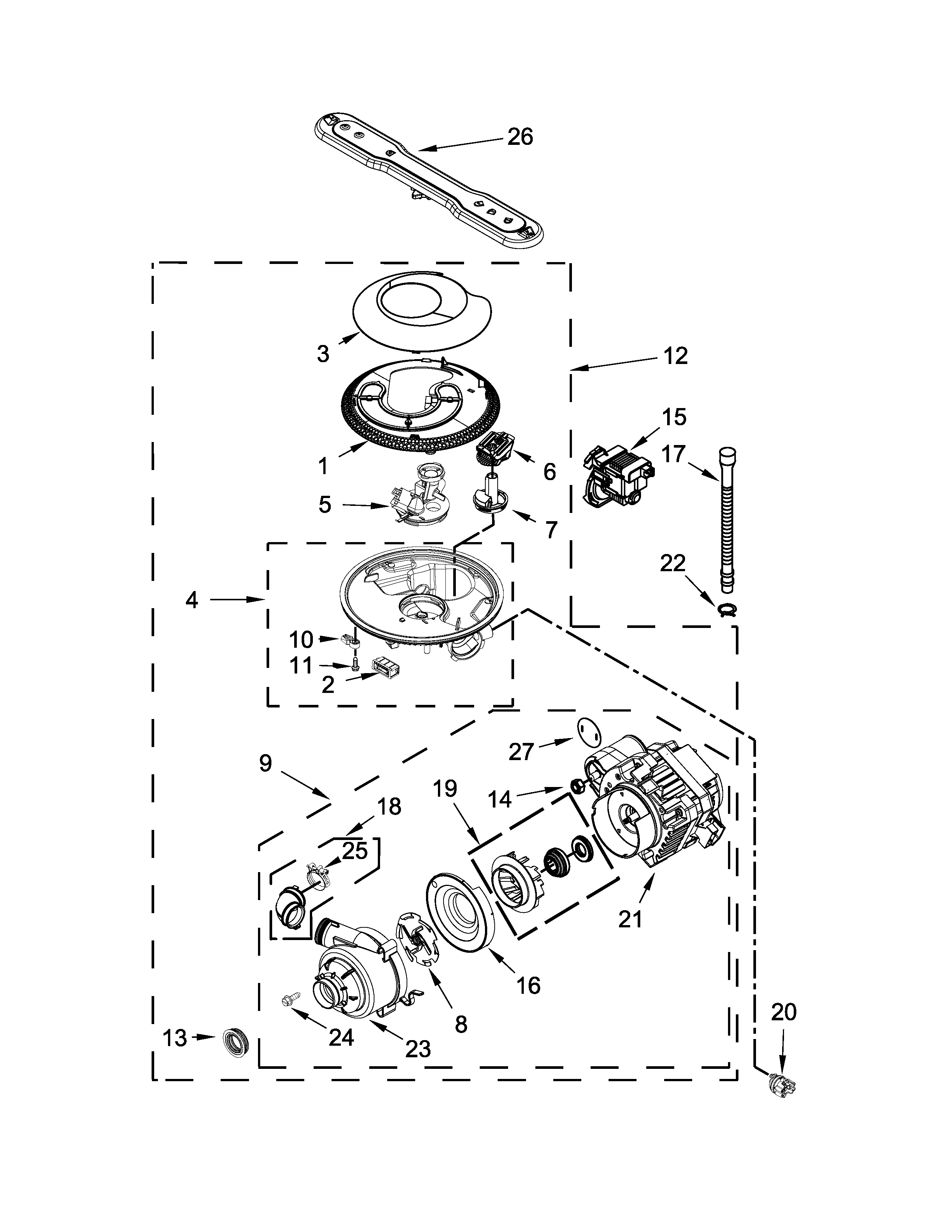 Pump, washarm and motor parts
