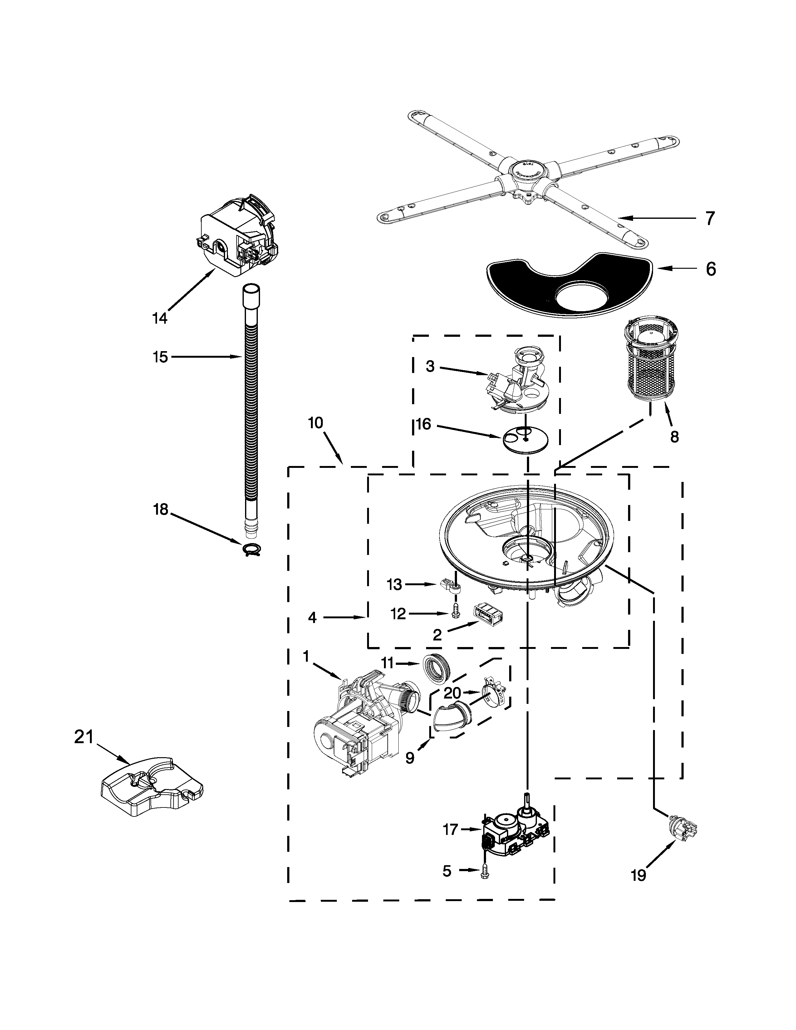Pump, washarm and motor parts