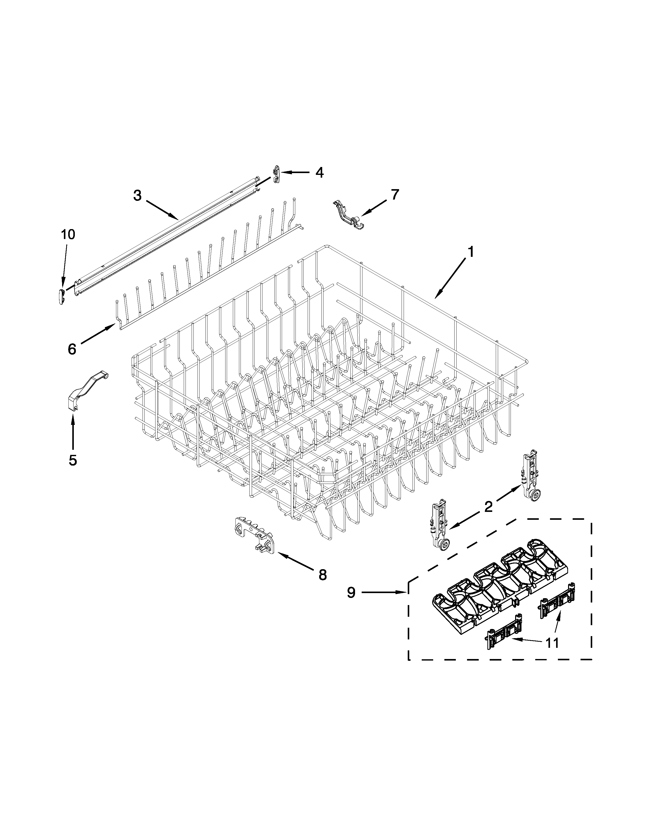 Upper rack and track parts