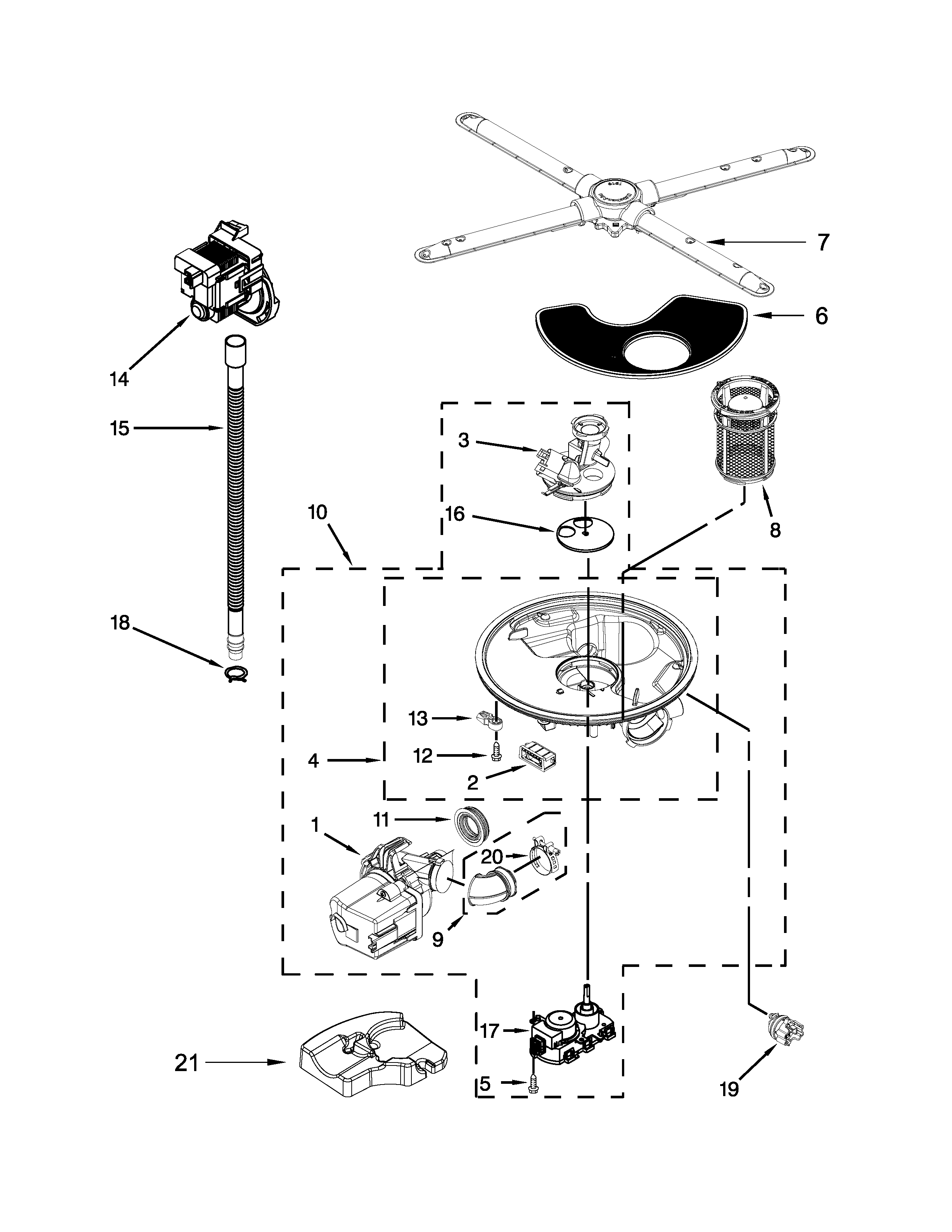 Pump, washarm and motor parts