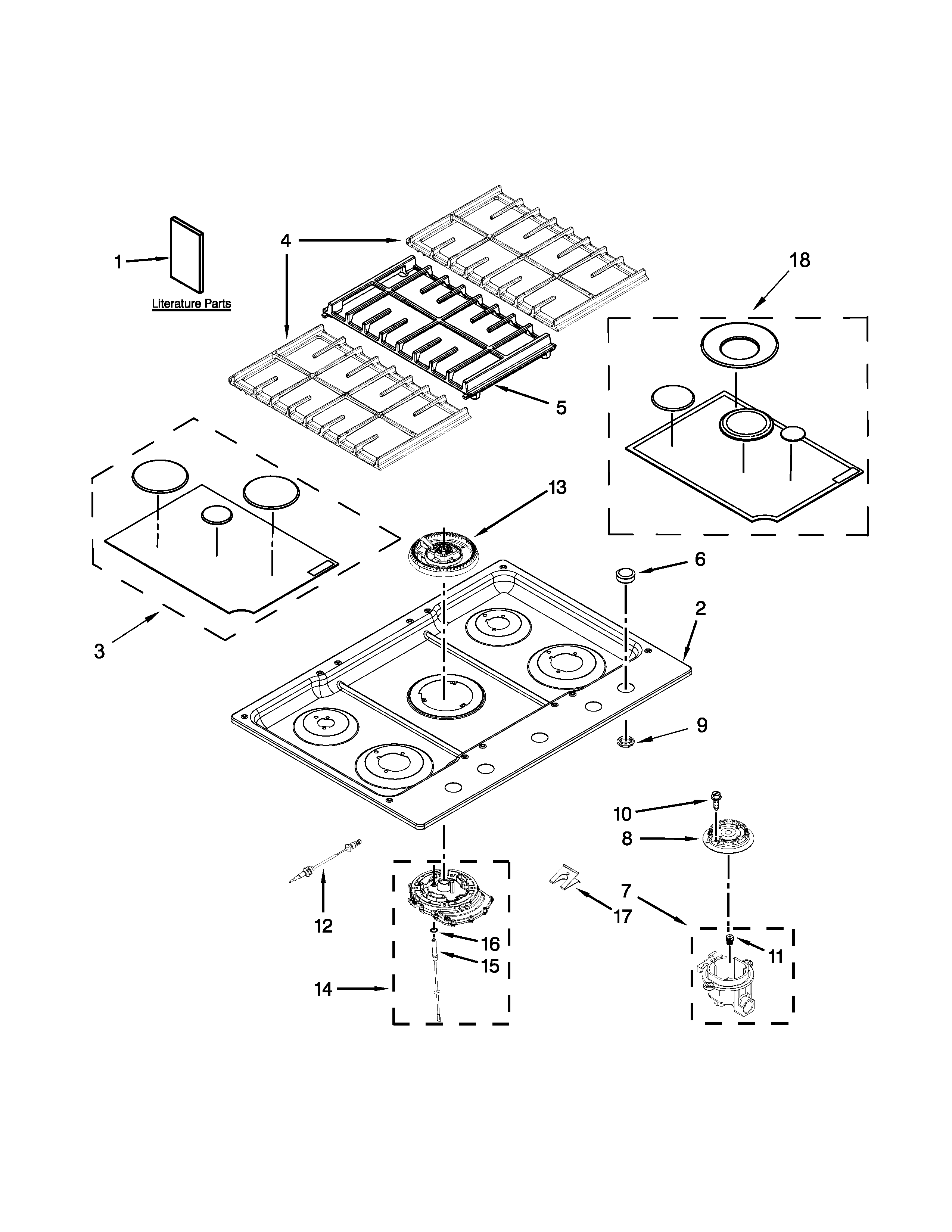 Cooktop, burner and grate parts