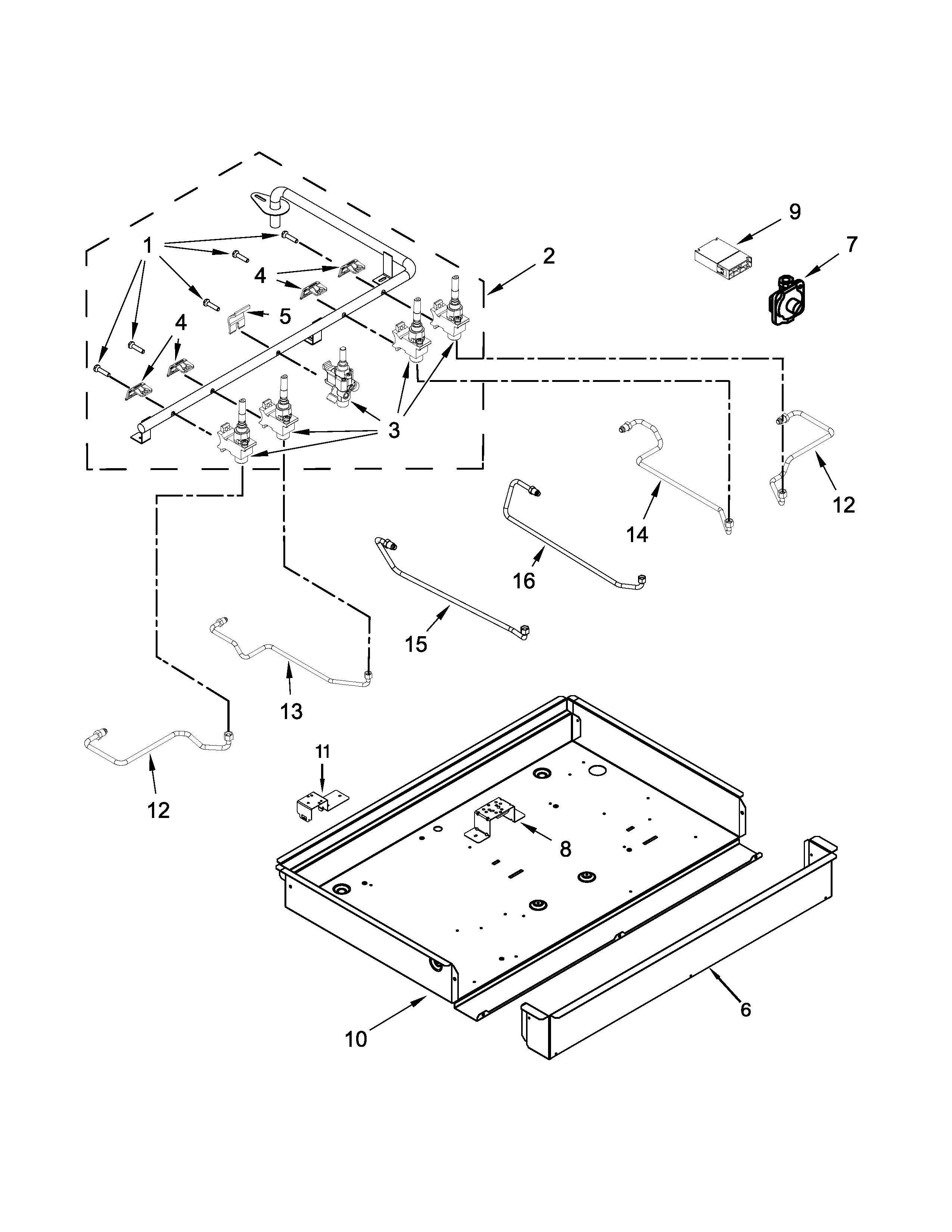 Burner box, gas valves and switch parts