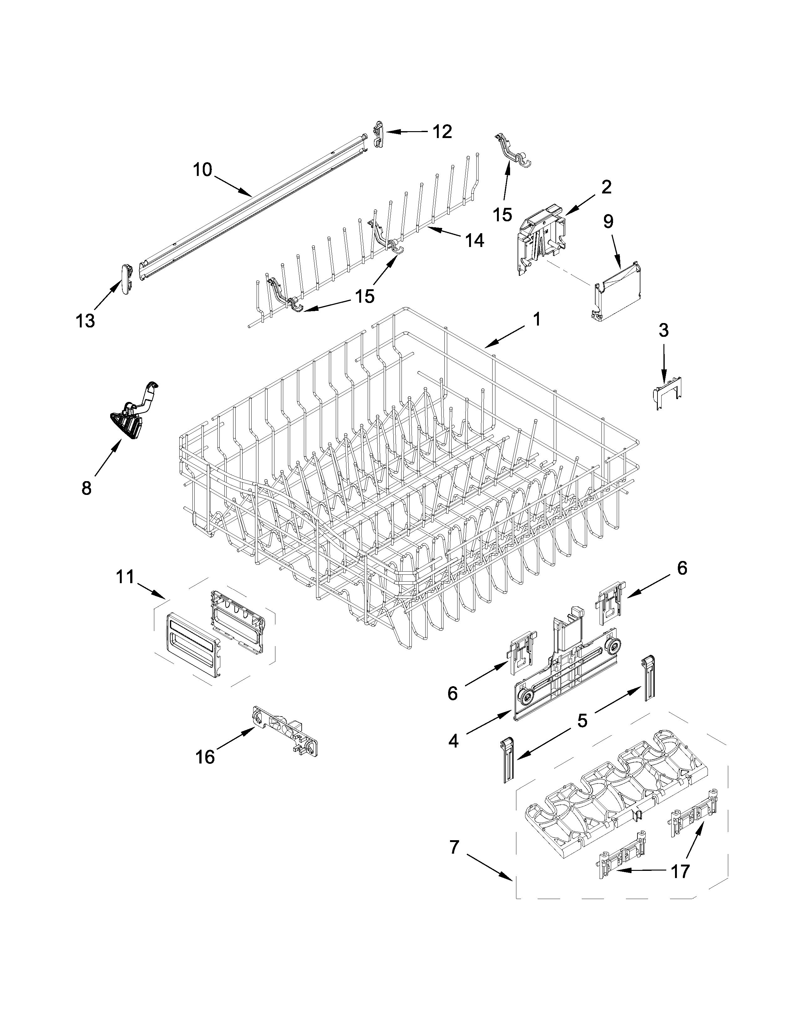 Upper rack and track parts